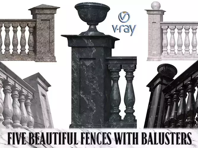 Five fences with balusters and columns 3D model