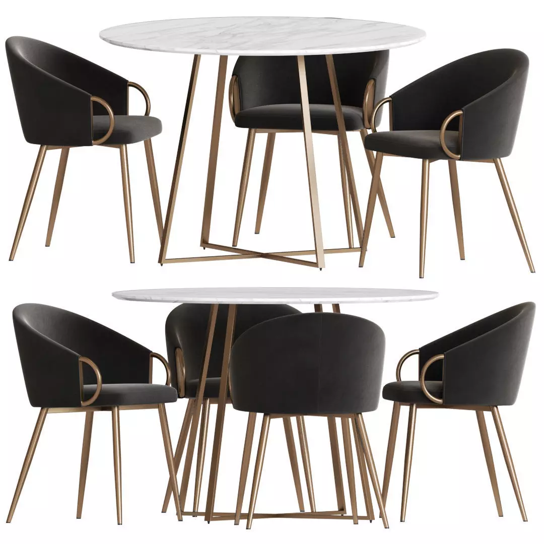 Dining Set table and chairs velvet with gold legs 3D model_0