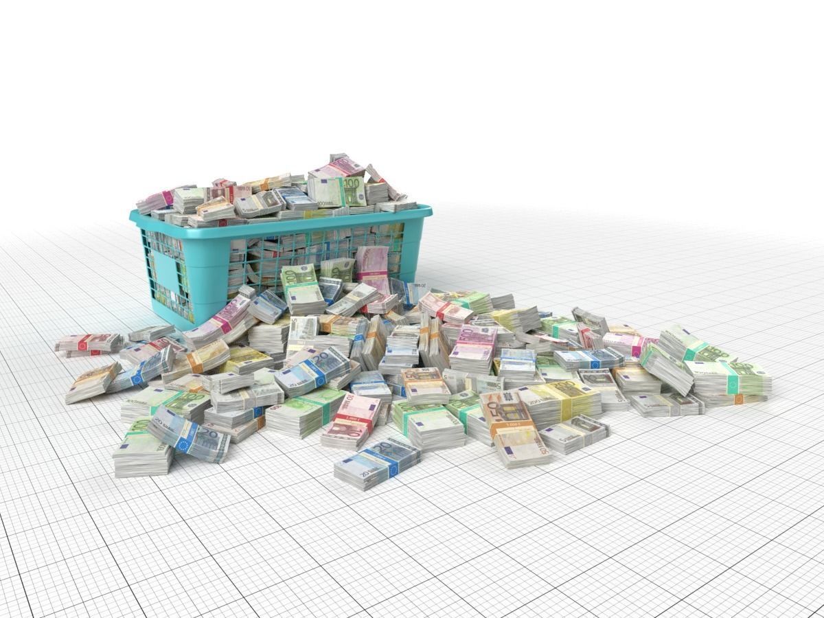 Euro Money Banknote piled in Basket Low-poly 3D model_1