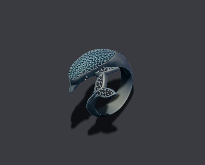 Dolphin ring with gems 3D print model_4