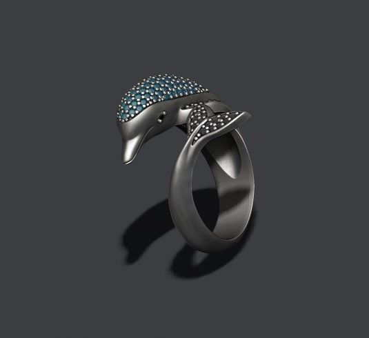 Dolphin ring with gems 3D print model_2