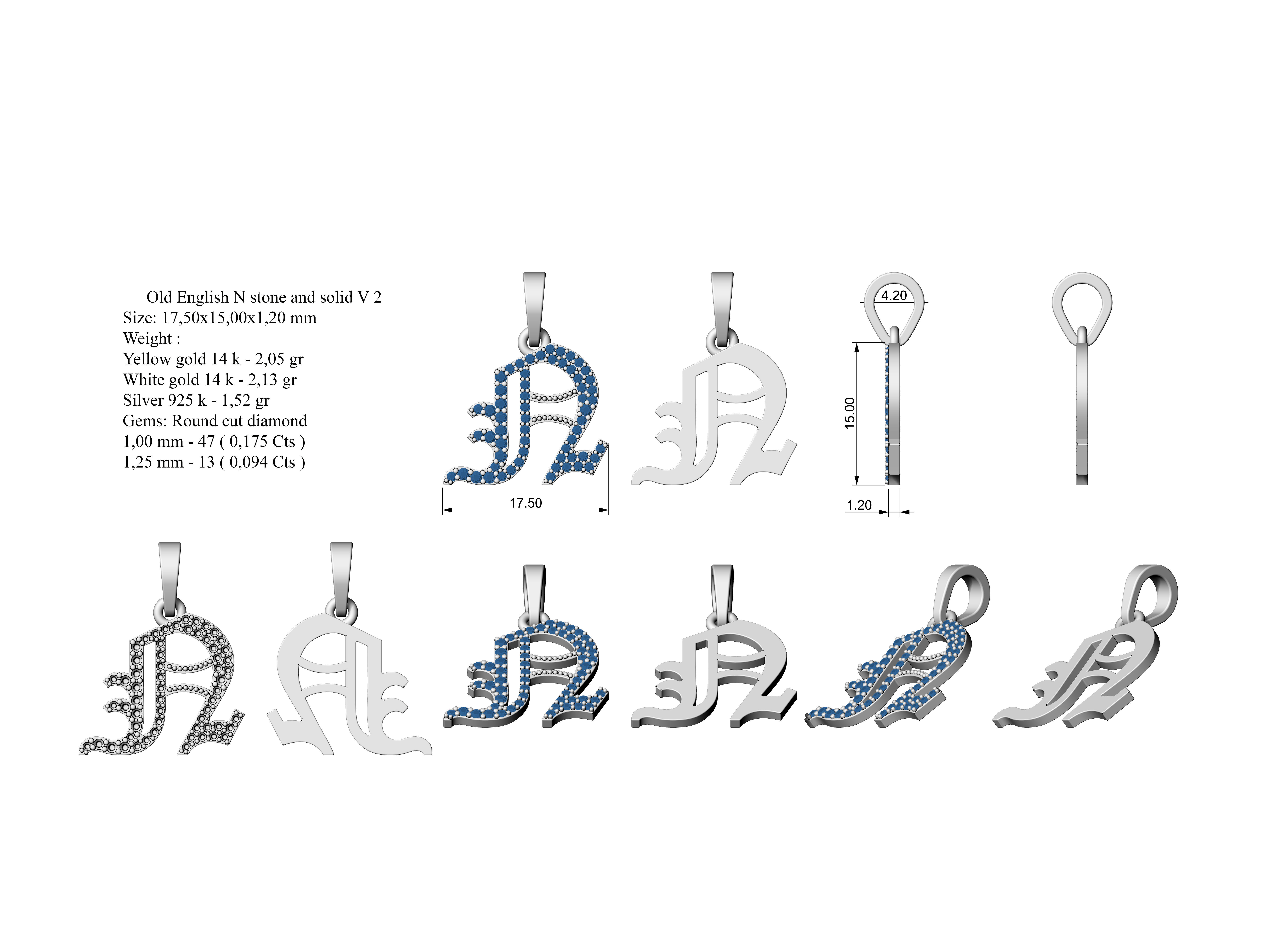 Old English N stone and solid V 2 3D print model_4