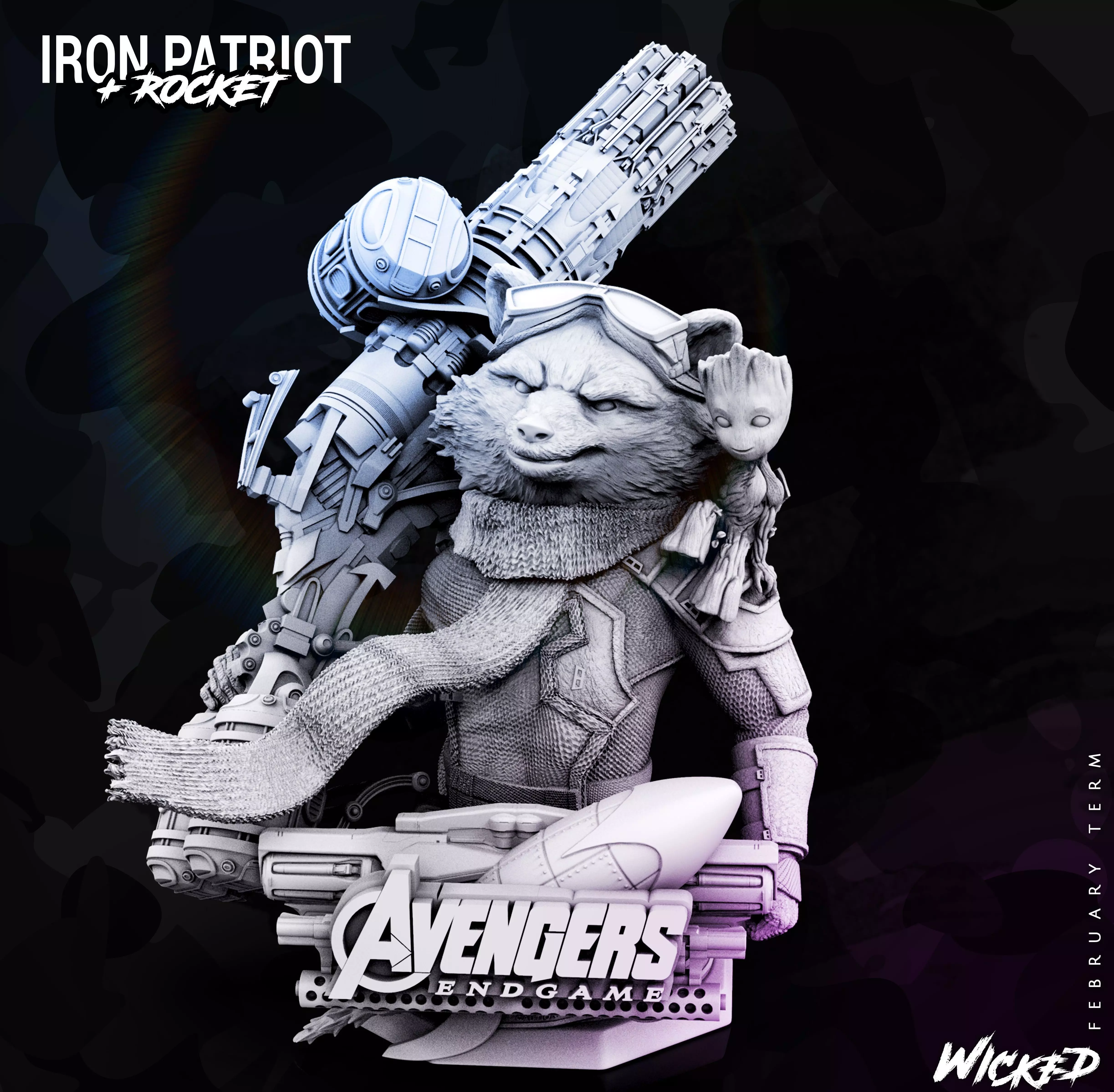 Wicked Marvel Avengers Endgame Rocket Racoon Bust STLs 3D print model_0