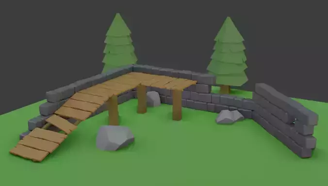 Low Poly Forest wooden bridge in middle of grassy field