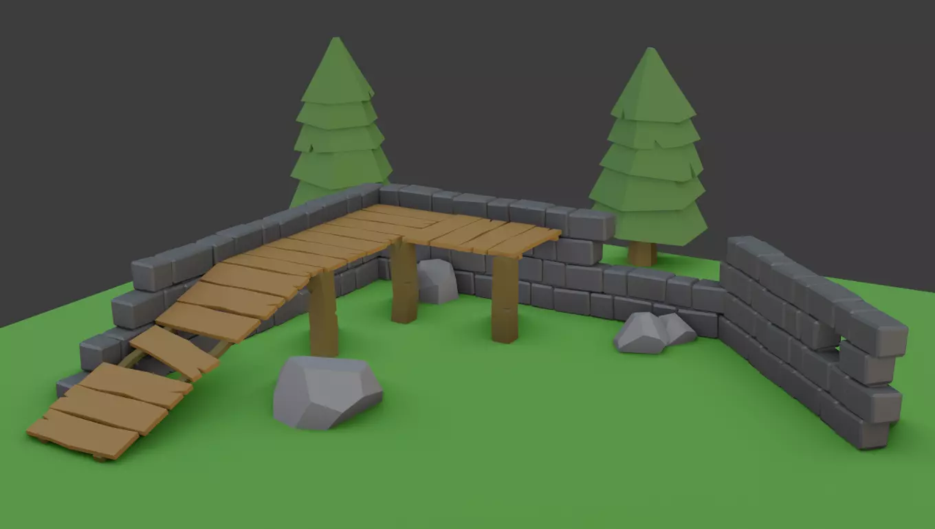 Low Poly Forest wooden bridge in middle of grassy field free VR / AR ...