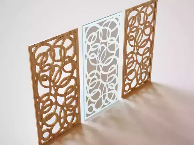 Partition three wooden screens with circular pattern