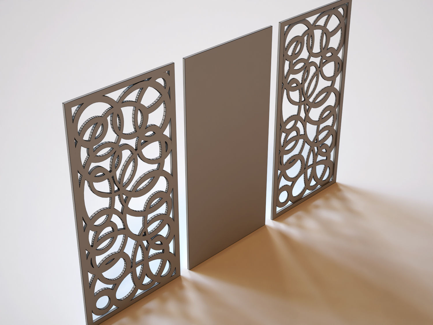 Partition three wooden screens with circular pattern 3D model_2