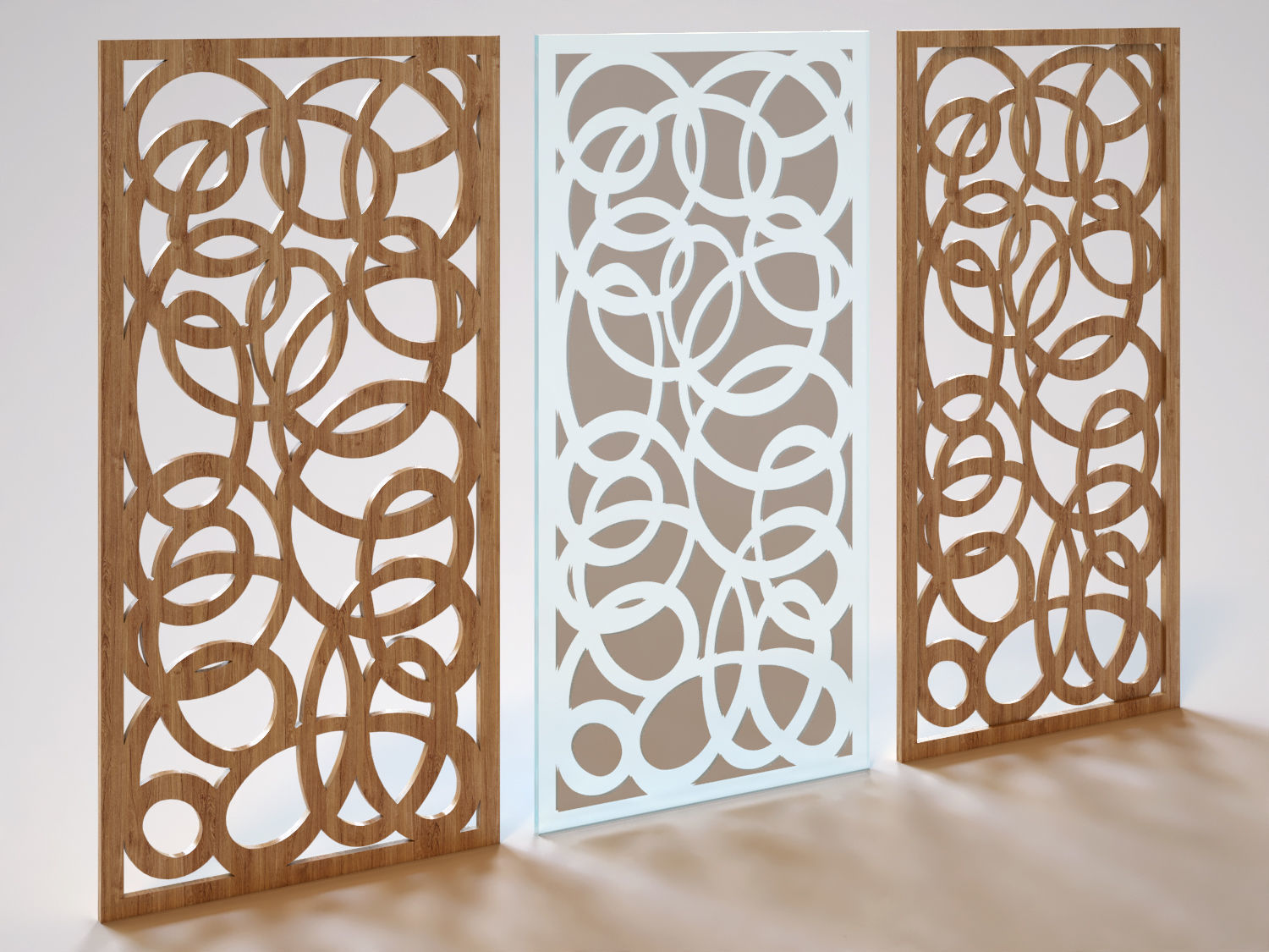 Partition three wooden screens with circular pattern 3D model_1