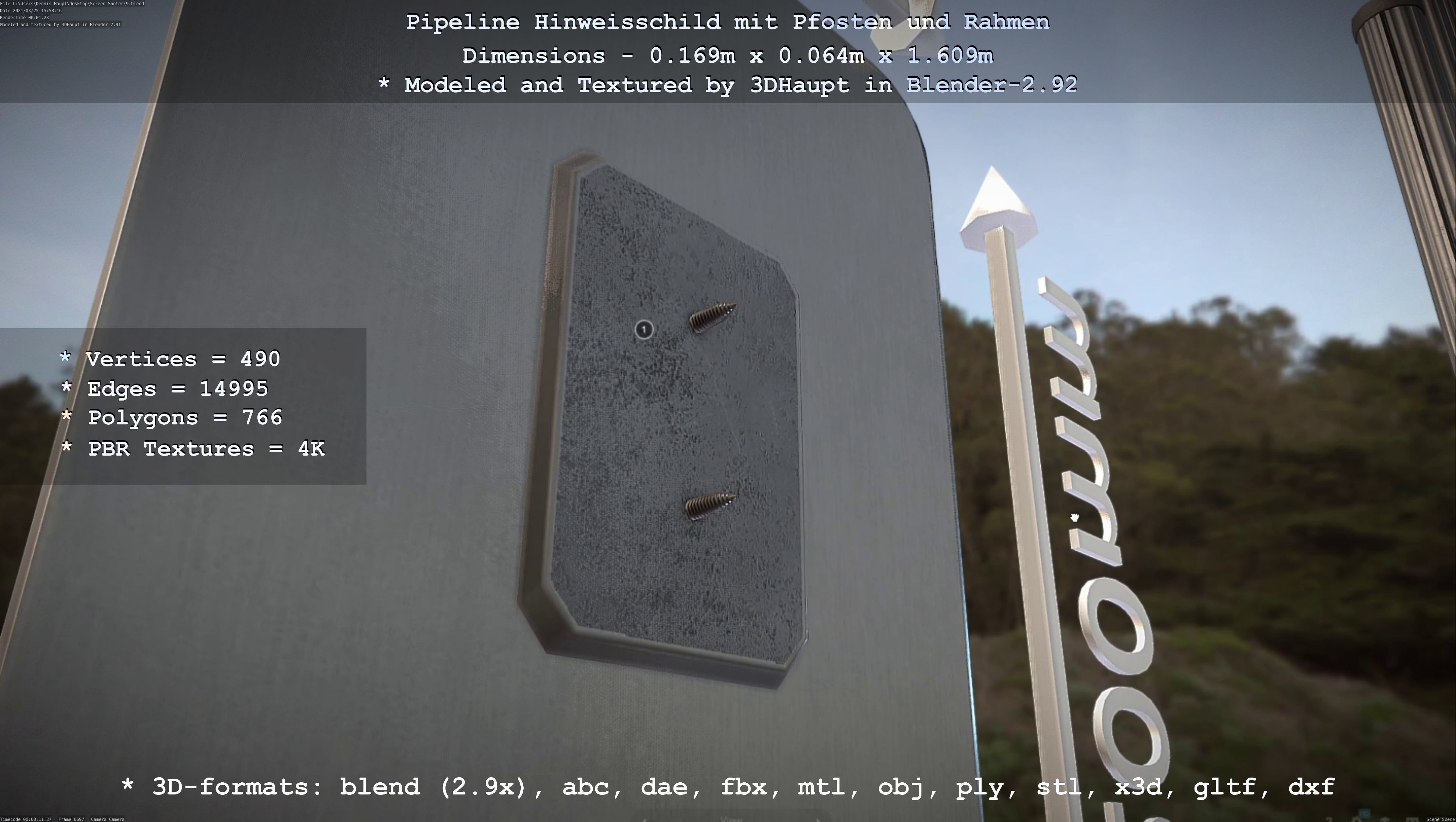 Hinweisschild Pipeline mit Pfosten und Rahmen Low-poly 3D model_105