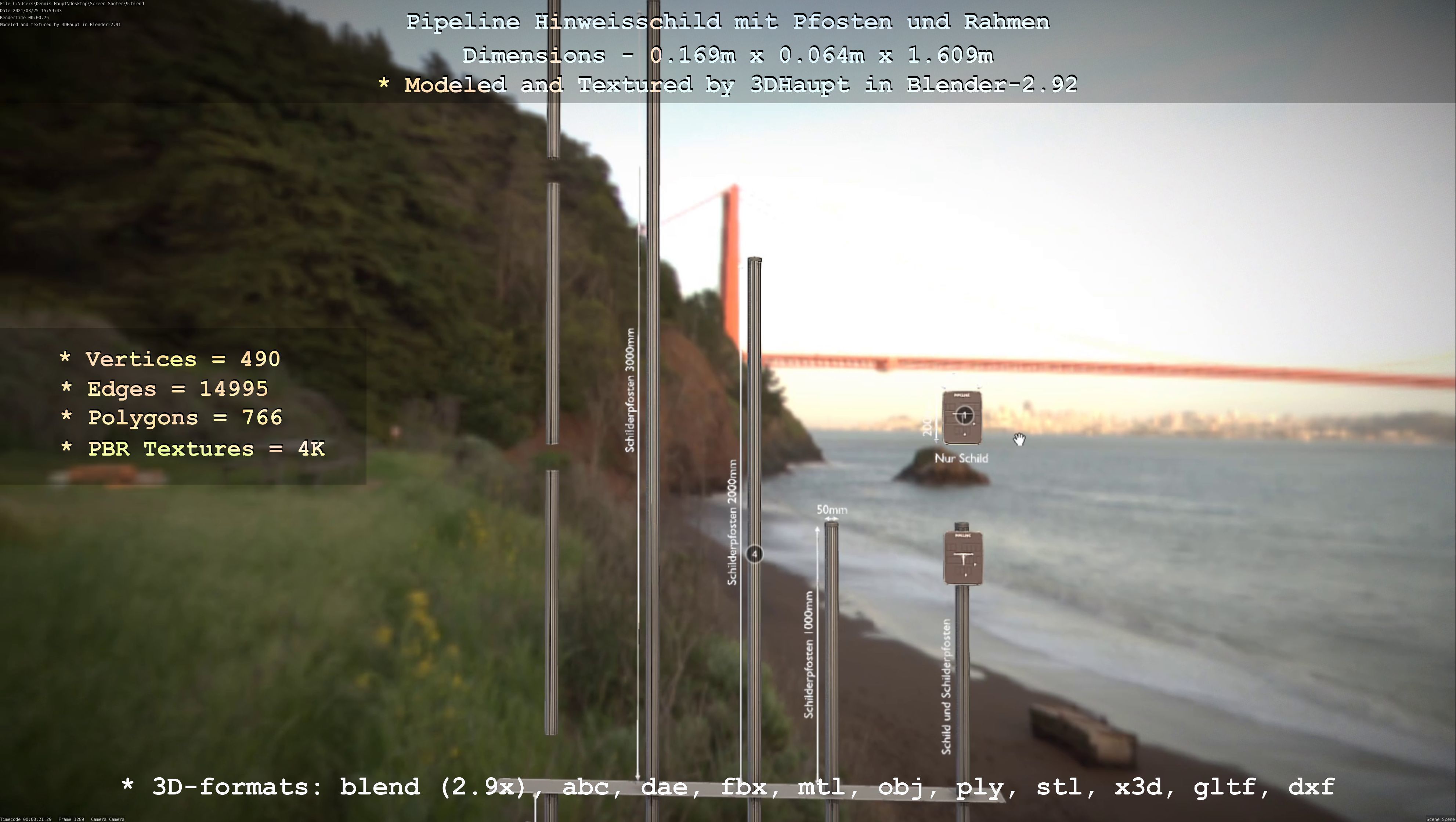 Hinweisschild Pipeline mit Pfosten und Rahmen Low-poly 3D model_58