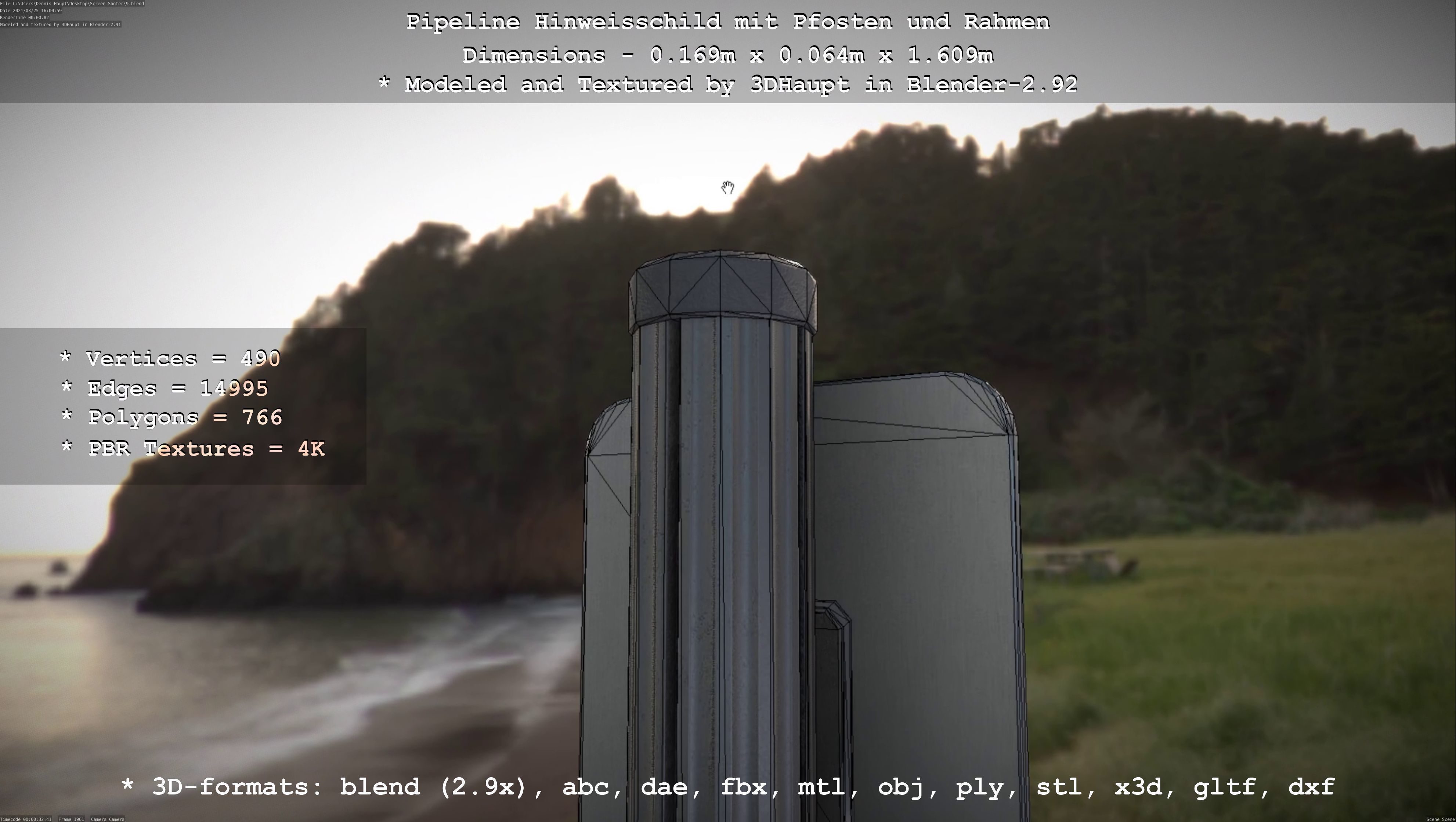 Hinweisschild Pipeline mit Pfosten und Rahmen Low-poly 3D model_7