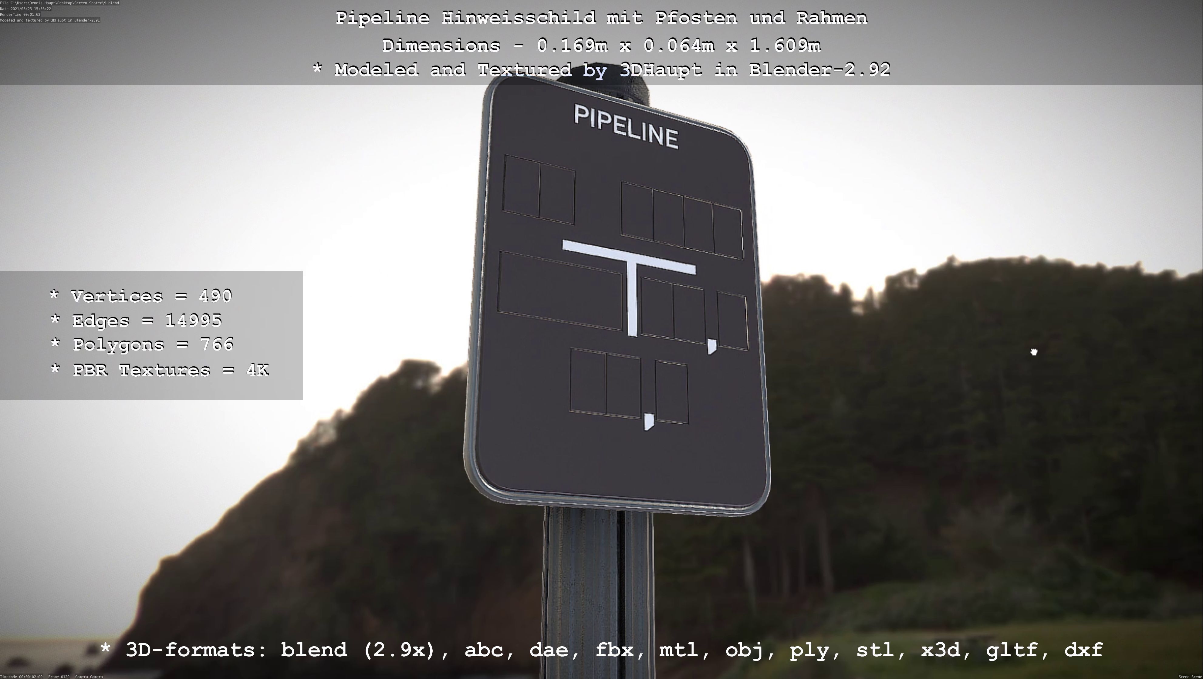 Hinweisschild Pipeline mit Pfosten und Rahmen Low-poly 3D model_66