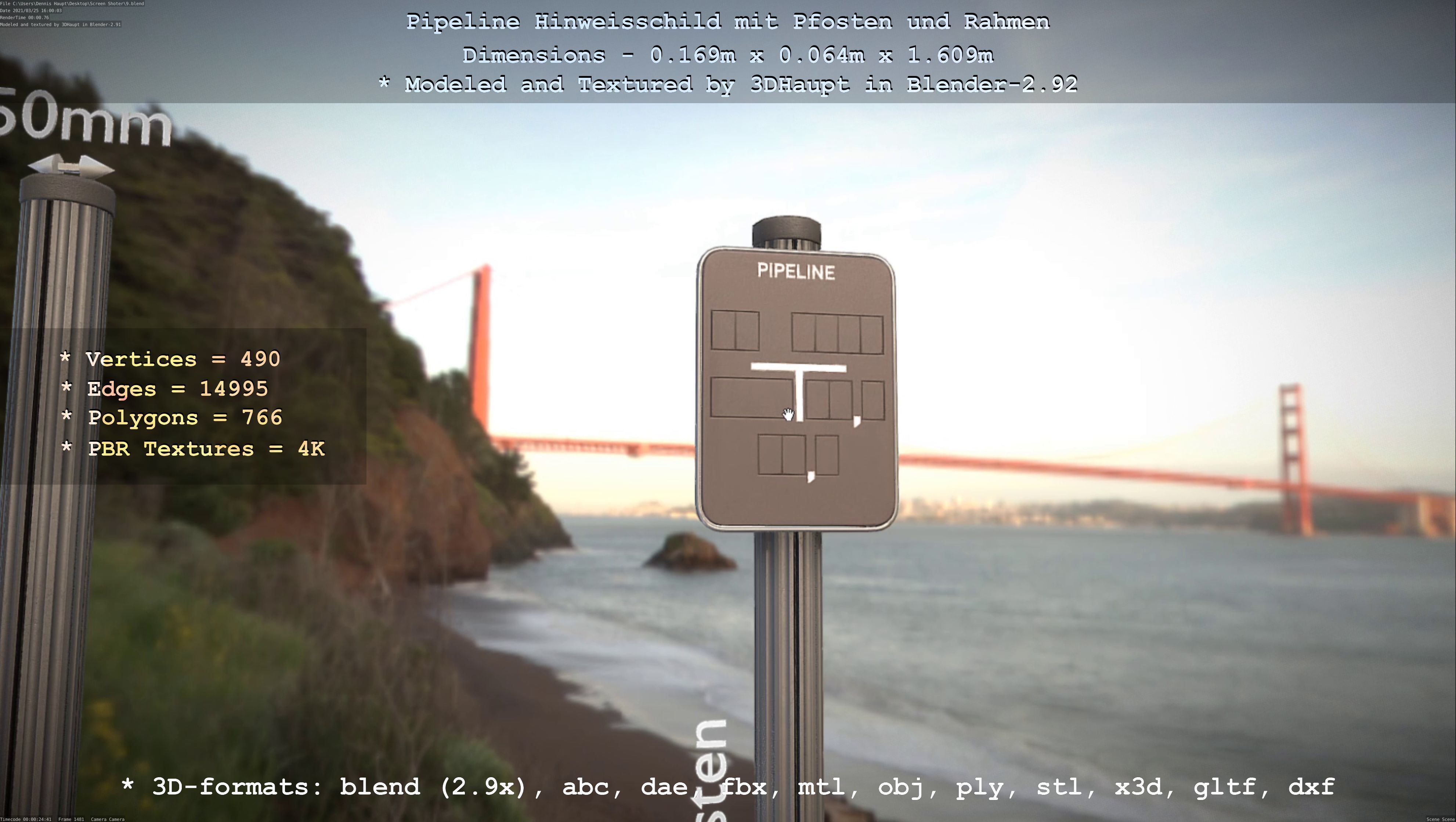 Hinweisschild Pipeline mit Pfosten und Rahmen Low-poly 3D model_52