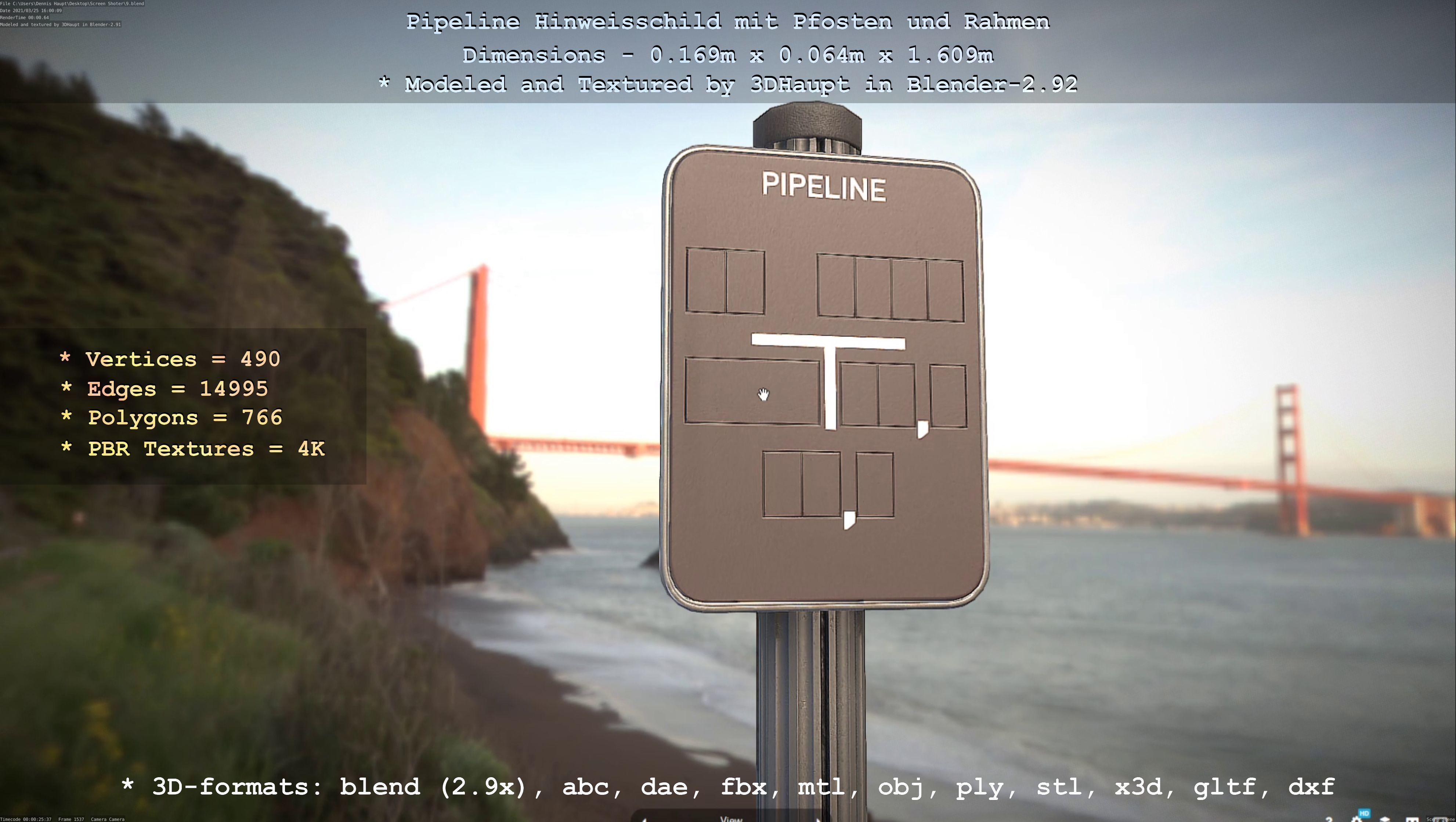 Hinweisschild Pipeline mit Pfosten und Rahmen Low-poly 3D model_57