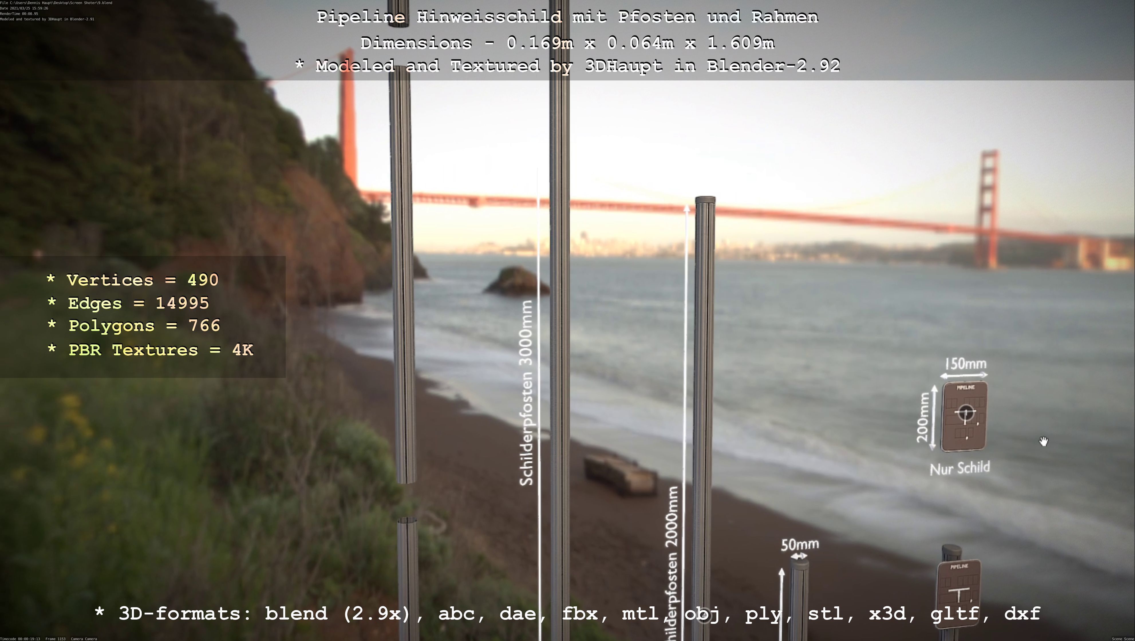 Hinweisschild Pipeline mit Pfosten und Rahmen Low-poly 3D model_137