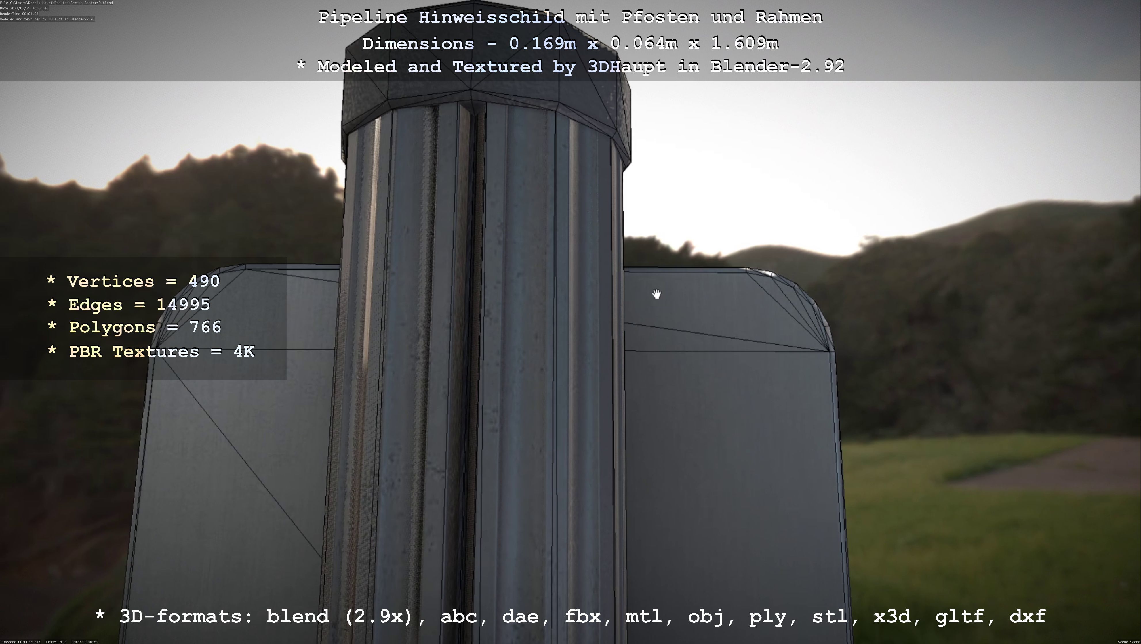 Hinweisschild Pipeline mit Pfosten und Rahmen Low-poly 3D model_45