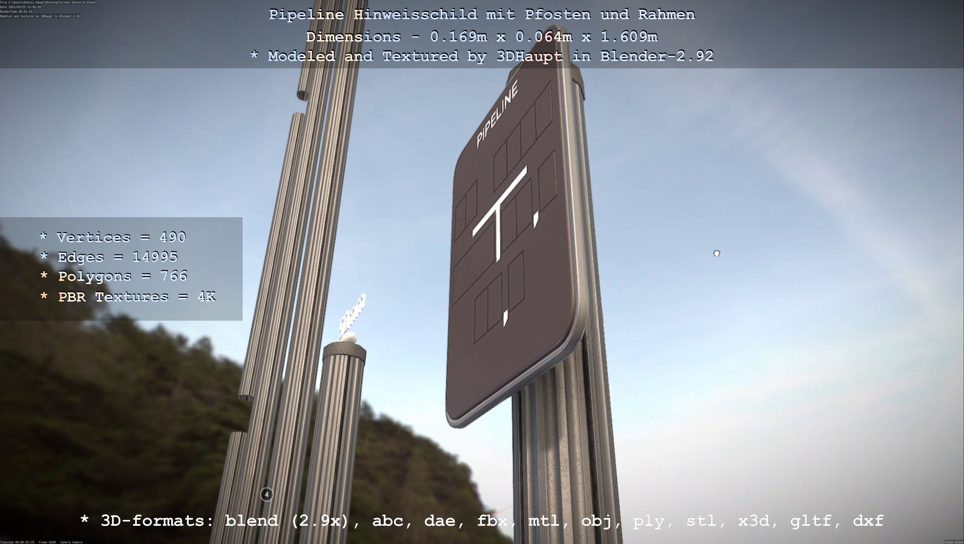 Hinweisschild Pipeline mit Pfosten und Rahmen Low-poly 3D model_22