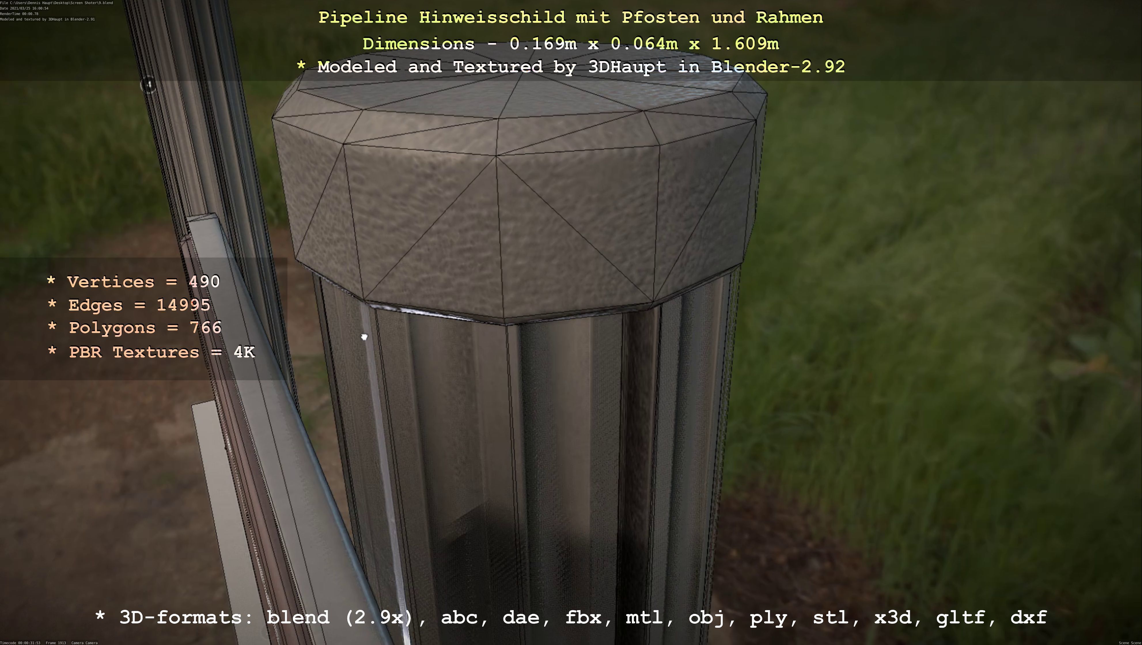 Hinweisschild Pipeline mit Pfosten und Rahmen Low-poly 3D model_6