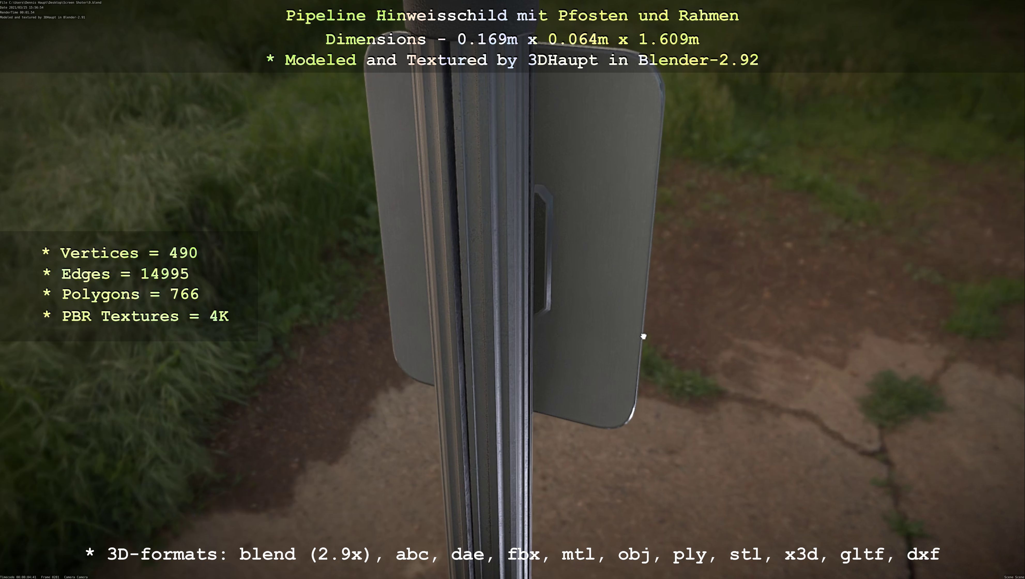 Hinweisschild Pipeline mit Pfosten und Rahmen Low-poly 3D model_26