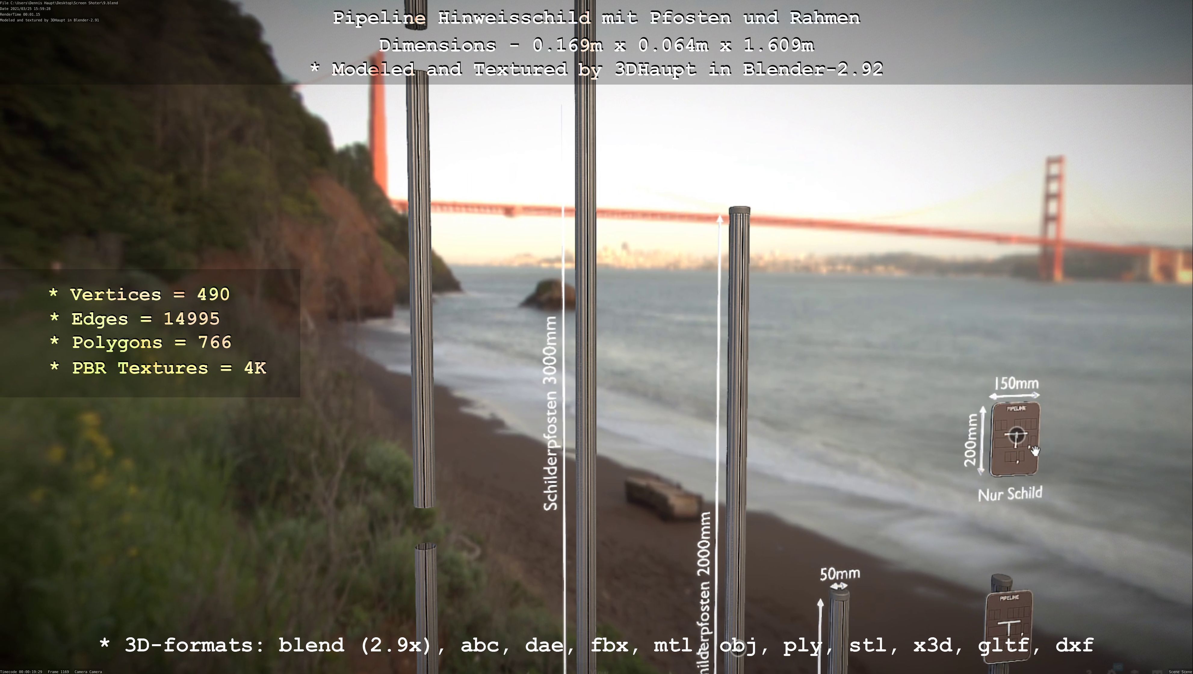 Hinweisschild Pipeline mit Pfosten und Rahmen Low-poly 3D model_139