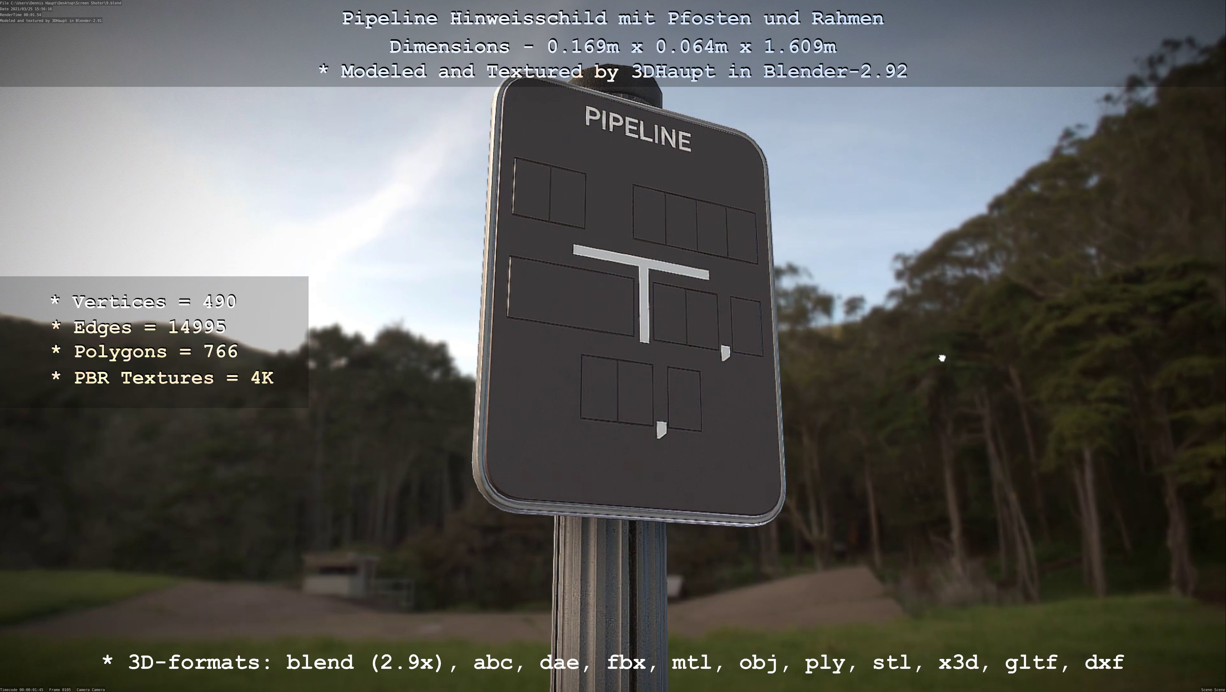 Hinweisschild Pipeline mit Pfosten und Rahmen Low-poly 3D model_20