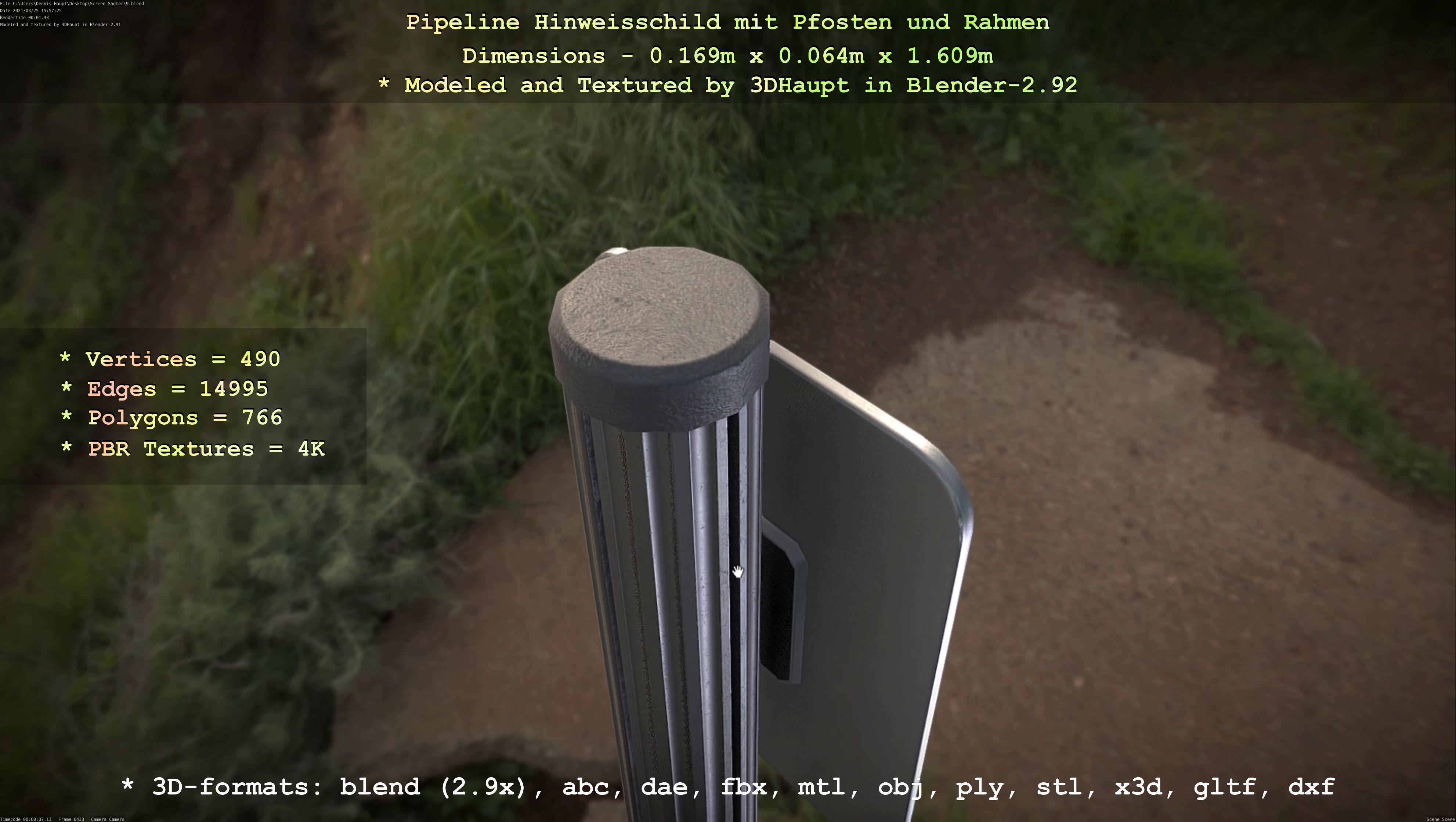 Hinweisschild Pipeline mit Pfosten und Rahmen Low-poly 3D model_85