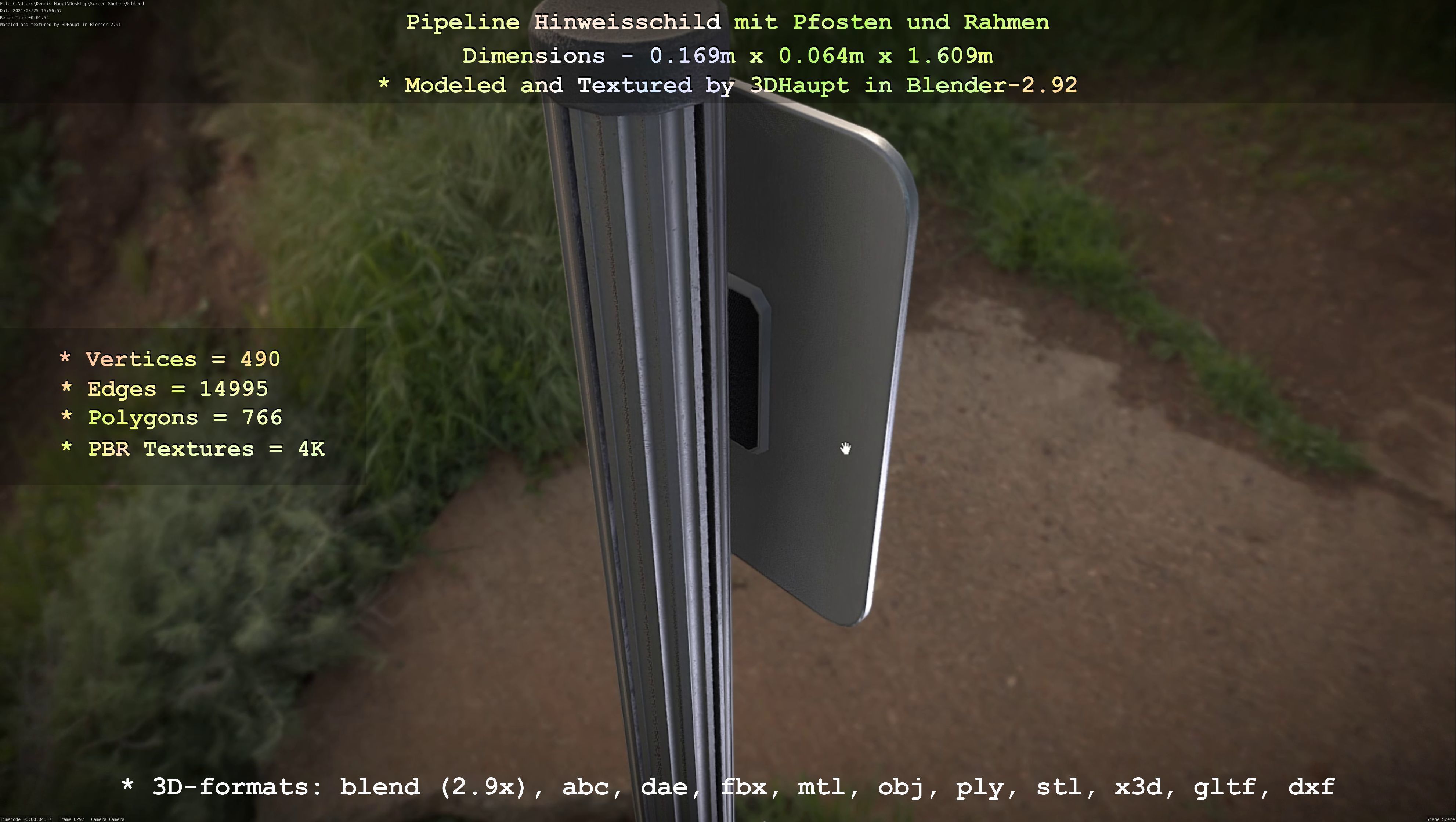 Hinweisschild Pipeline mit Pfosten und Rahmen Low-poly 3D model_77