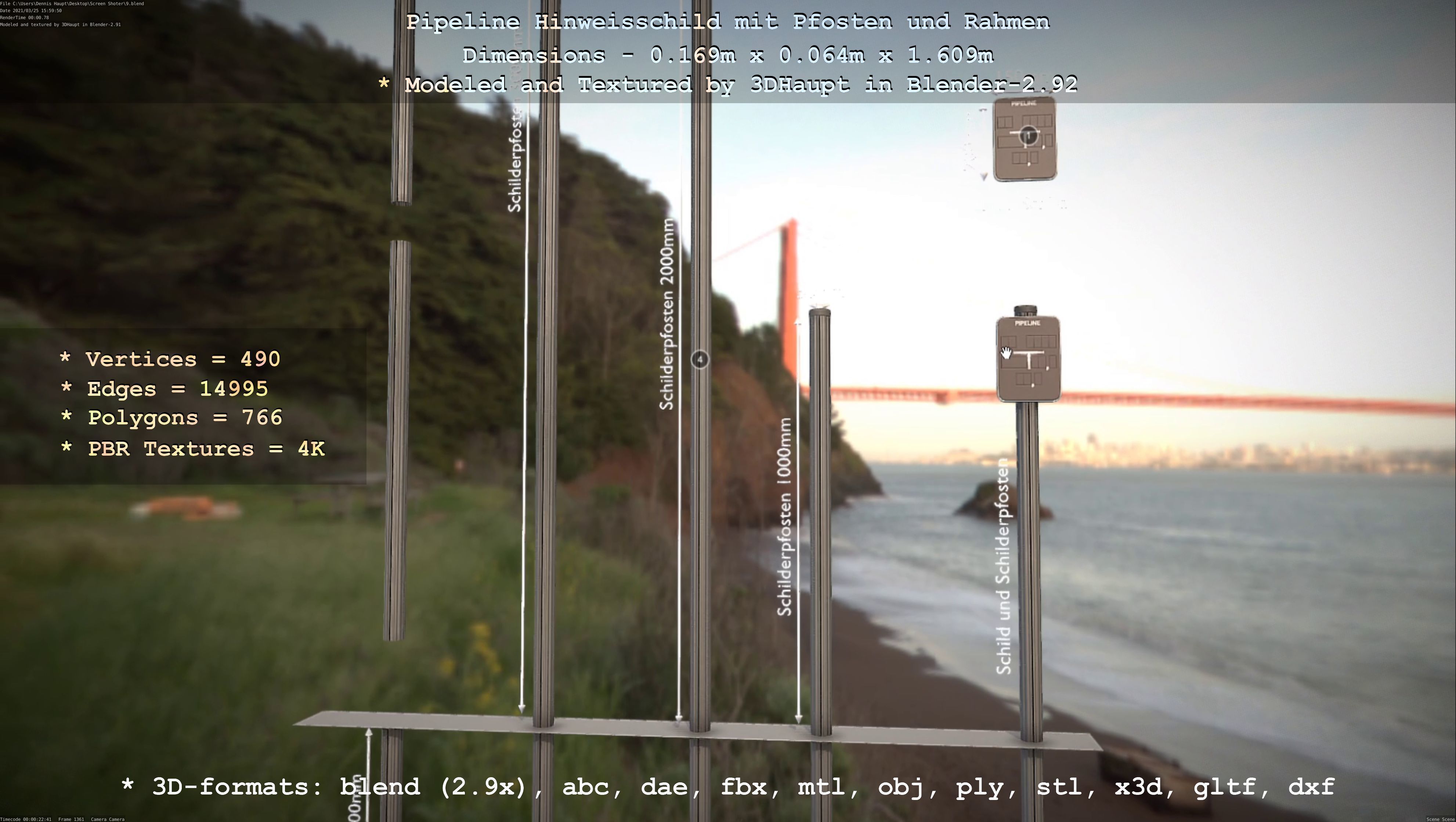 Hinweisschild Pipeline mit Pfosten und Rahmen Low-poly 3D model_91