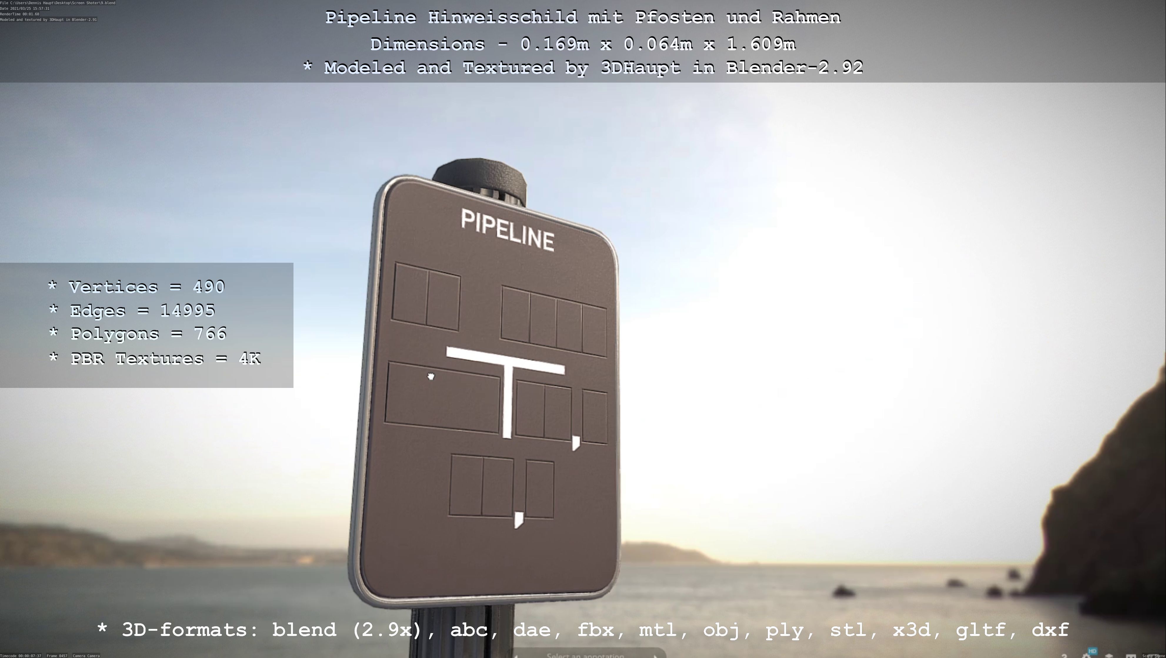 Hinweisschild Pipeline mit Pfosten und Rahmen Low-poly 3D model_87