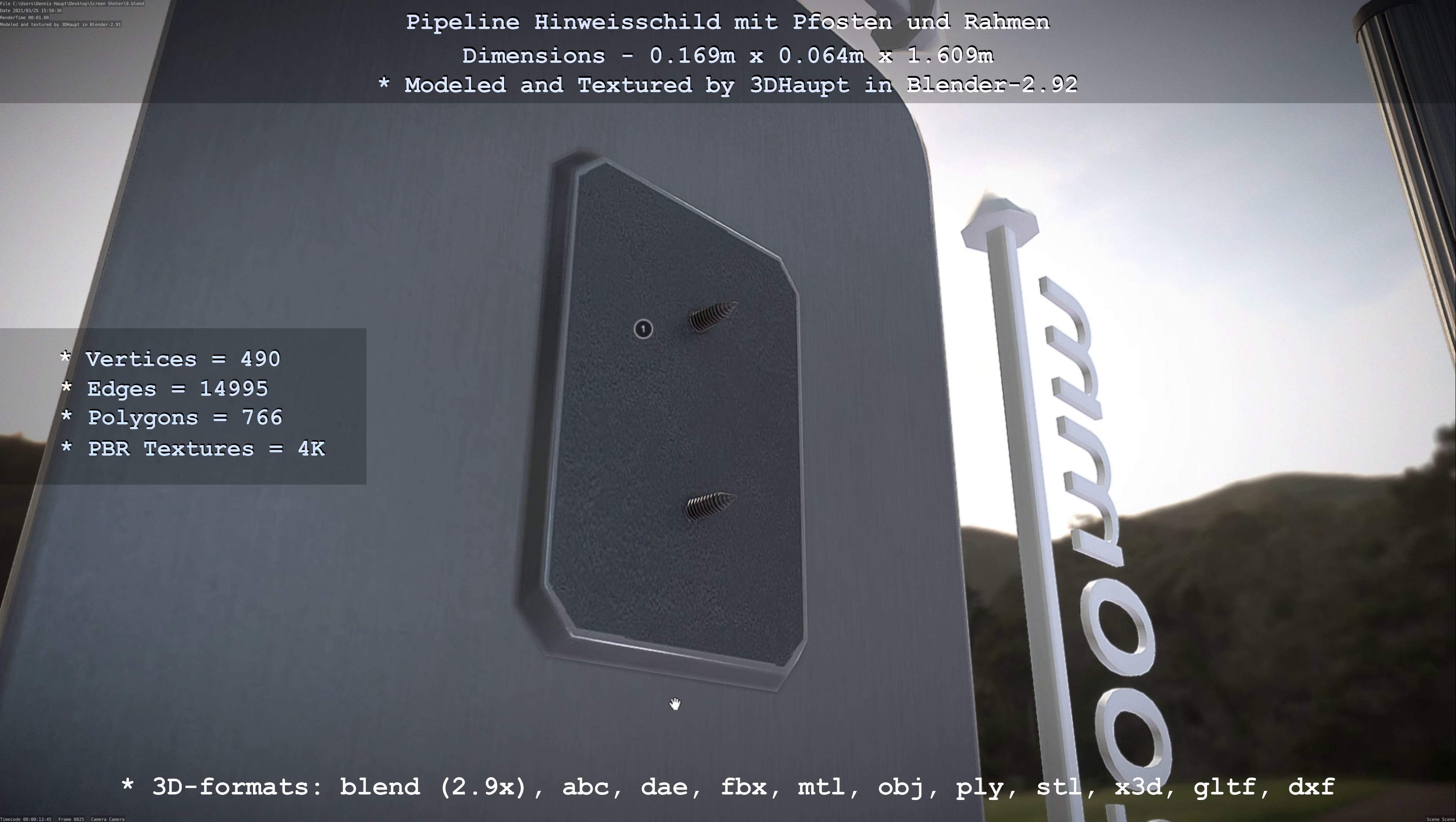 Hinweisschild Pipeline mit Pfosten und Rahmen Low-poly 3D model_114