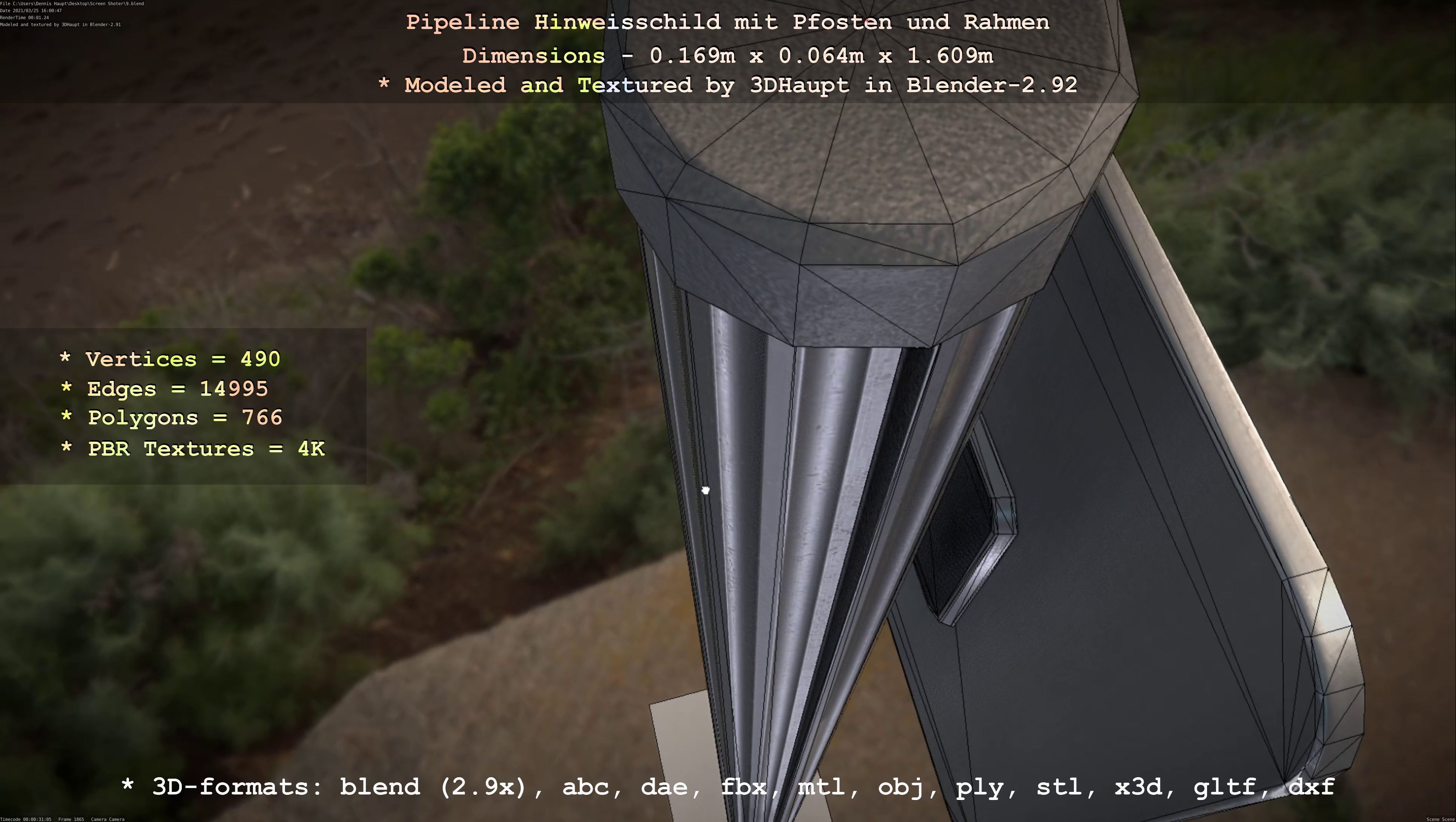 Hinweisschild Pipeline mit Pfosten und Rahmen Low-poly 3D model_4