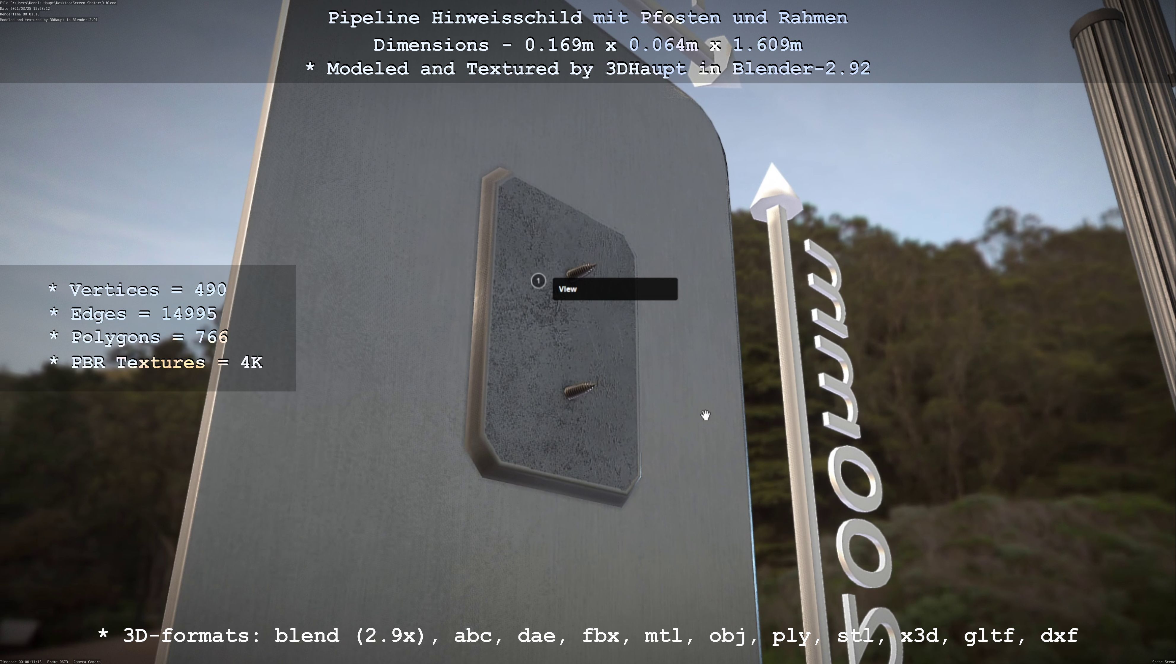 Hinweisschild Pipeline mit Pfosten und Rahmen Low-poly 3D model_101