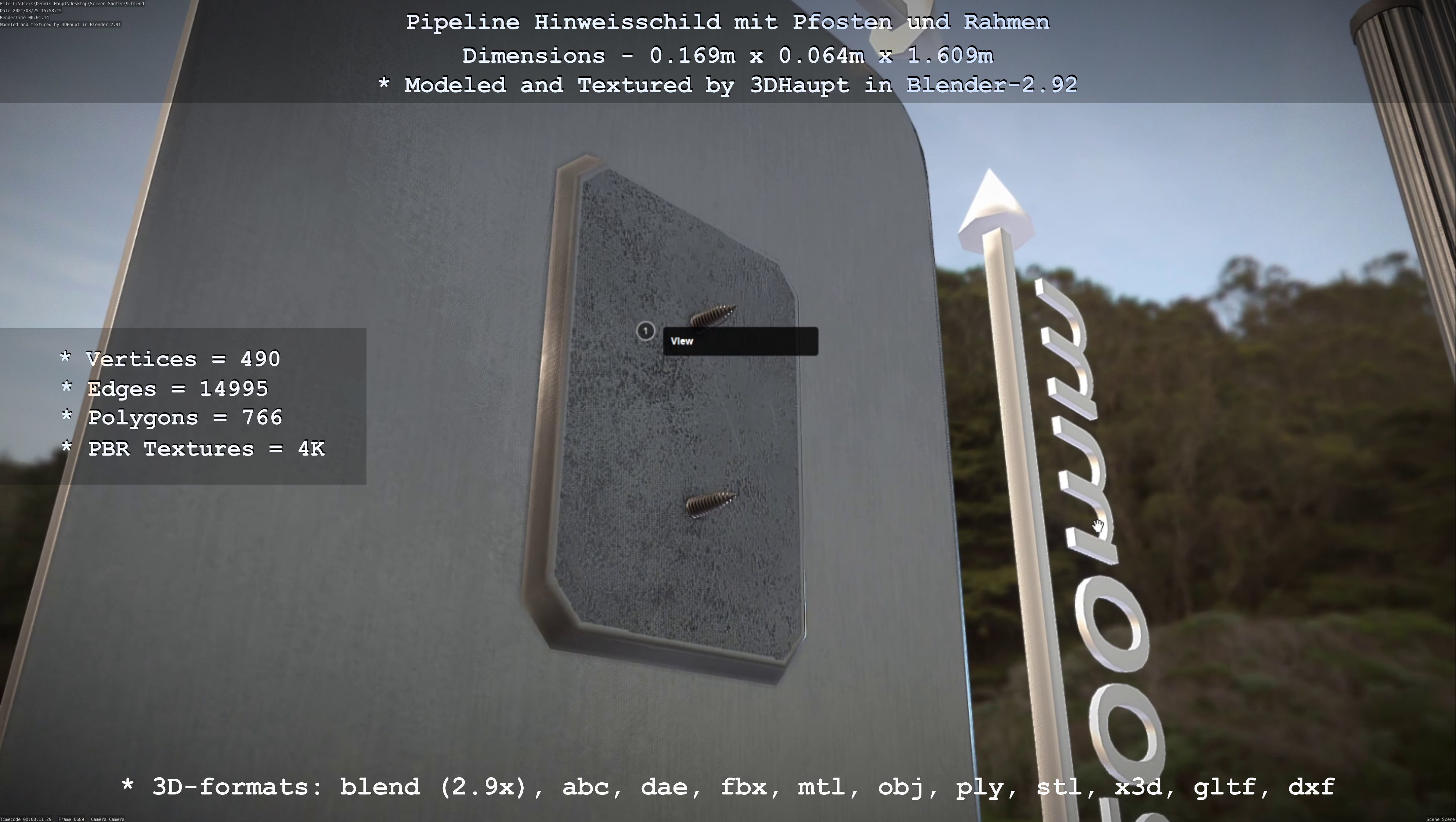 Hinweisschild Pipeline mit Pfosten und Rahmen Low-poly 3D model_104