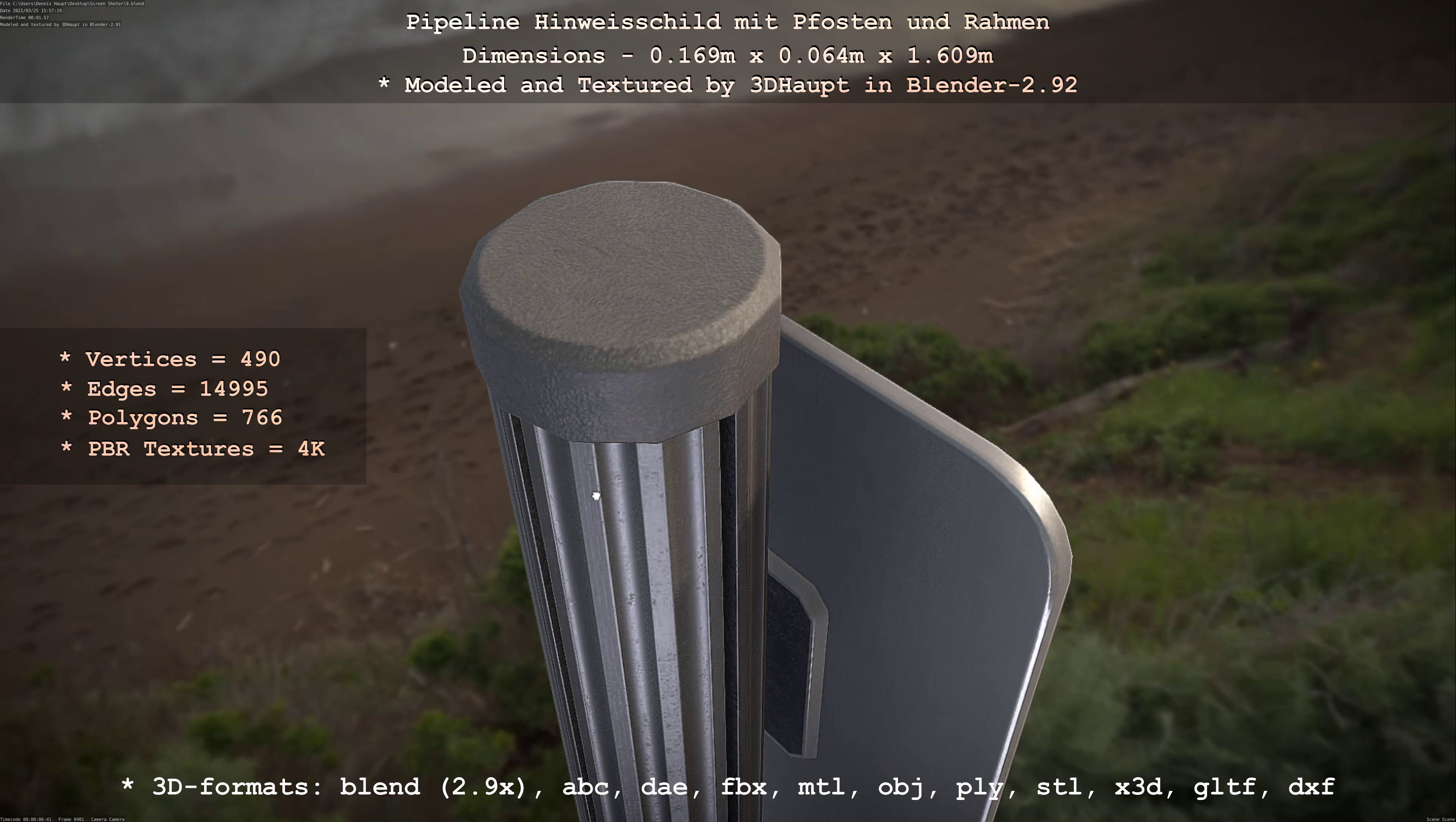 Hinweisschild Pipeline mit Pfosten und Rahmen Low-poly 3D model_82