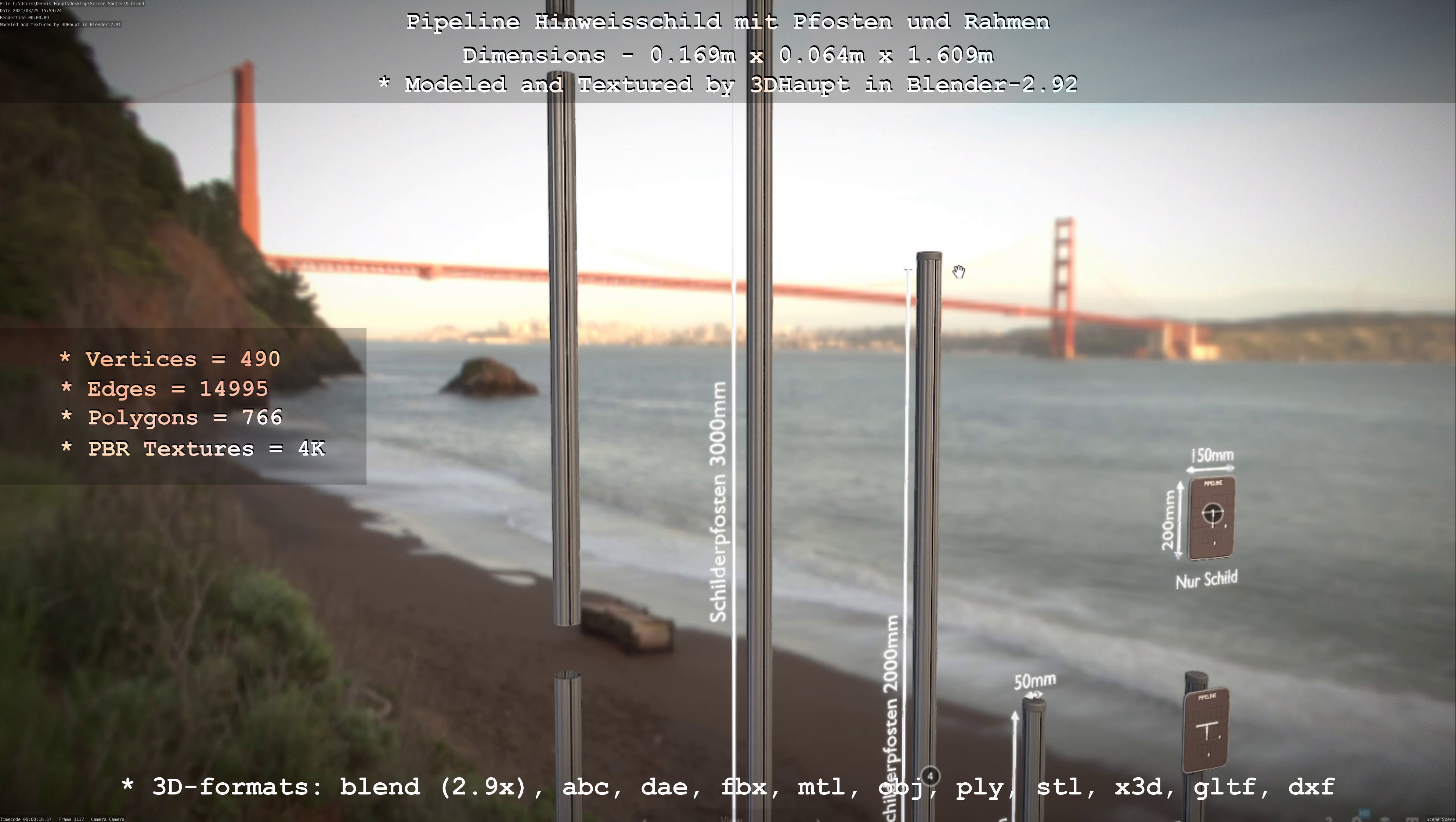 Hinweisschild Pipeline mit Pfosten und Rahmen Low-poly 3D model_134