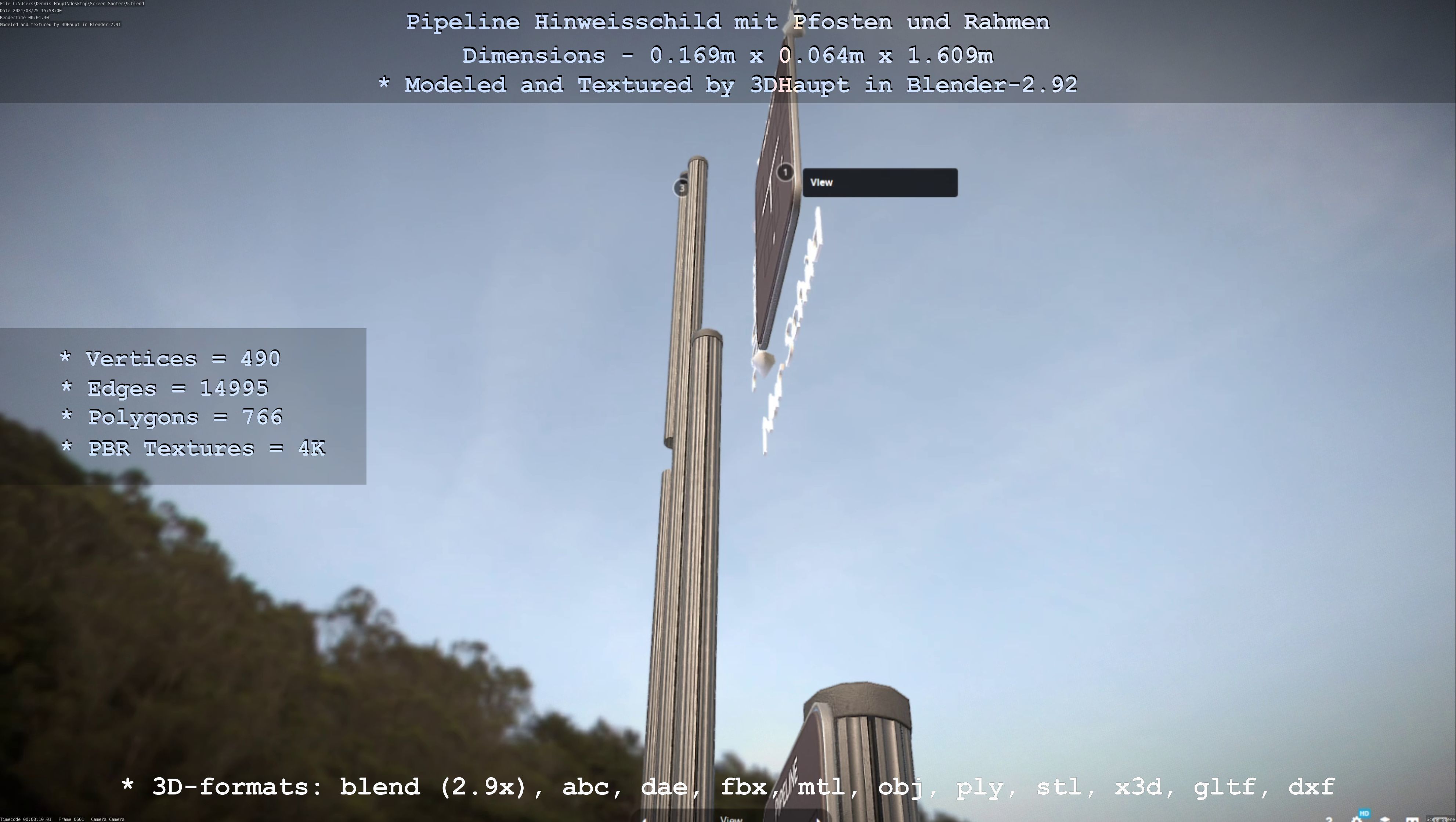 Hinweisschild Pipeline mit Pfosten und Rahmen Low-poly 3D model_98