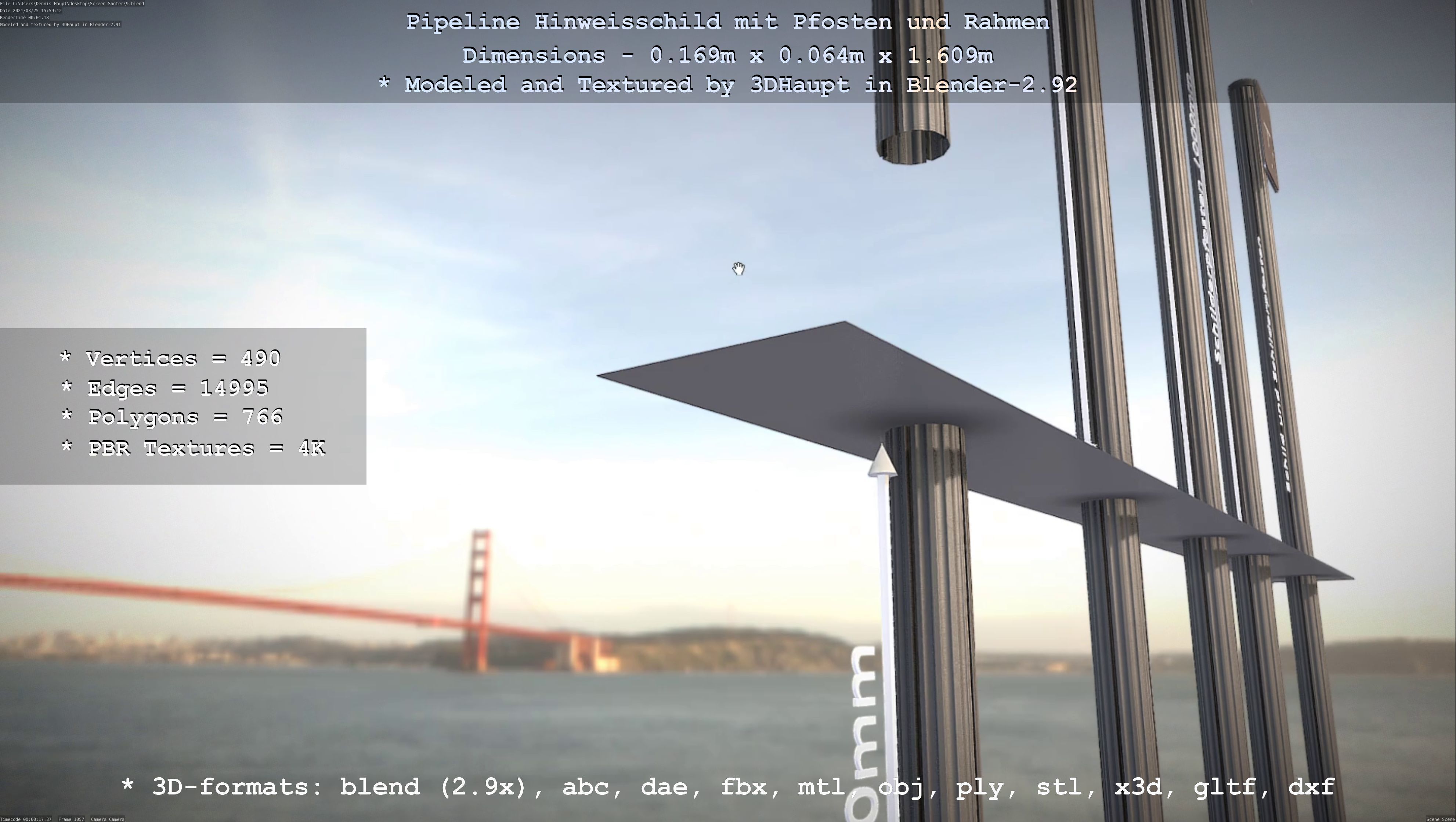 Hinweisschild Pipeline mit Pfosten und Rahmen Low-poly 3D model_131