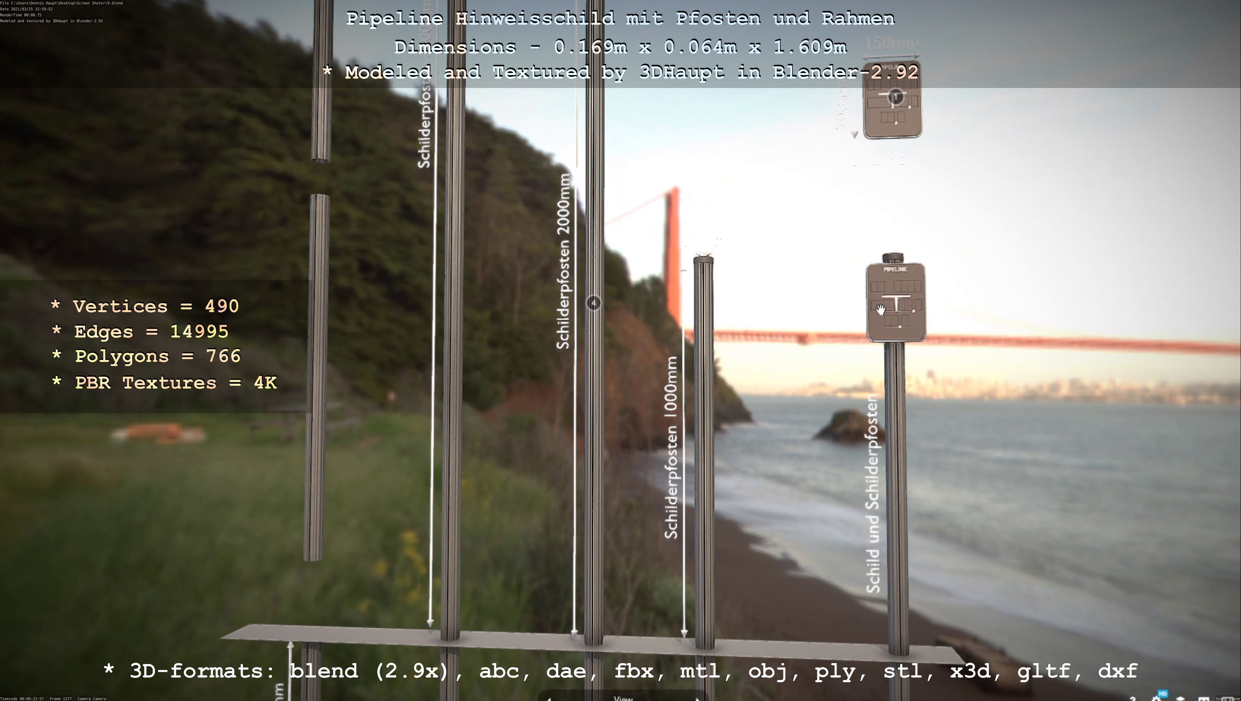 Hinweisschild Pipeline mit Pfosten und Rahmen Low-poly 3D model_113
