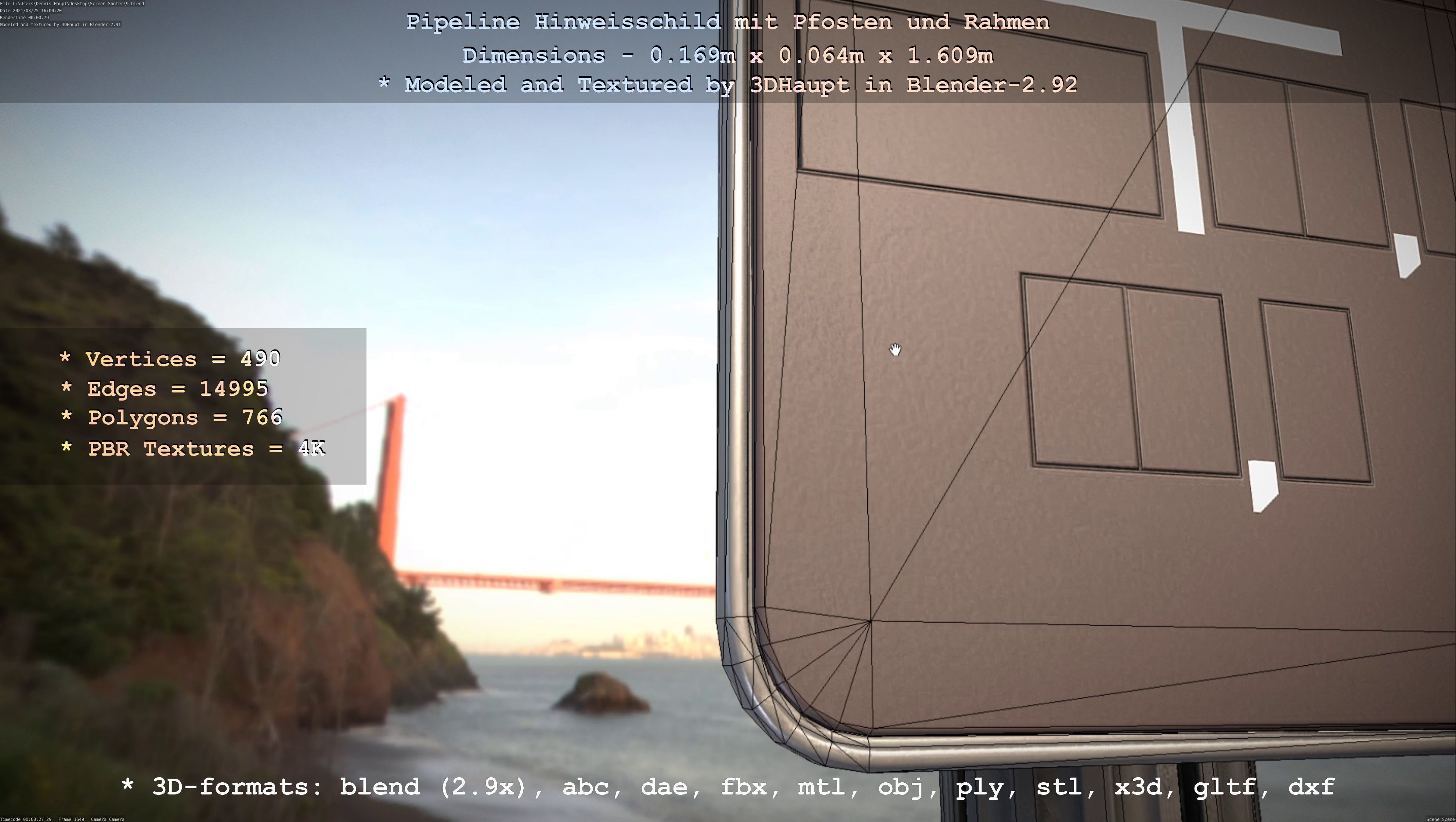 Hinweisschild Pipeline mit Pfosten und Rahmen Low-poly 3D model_24