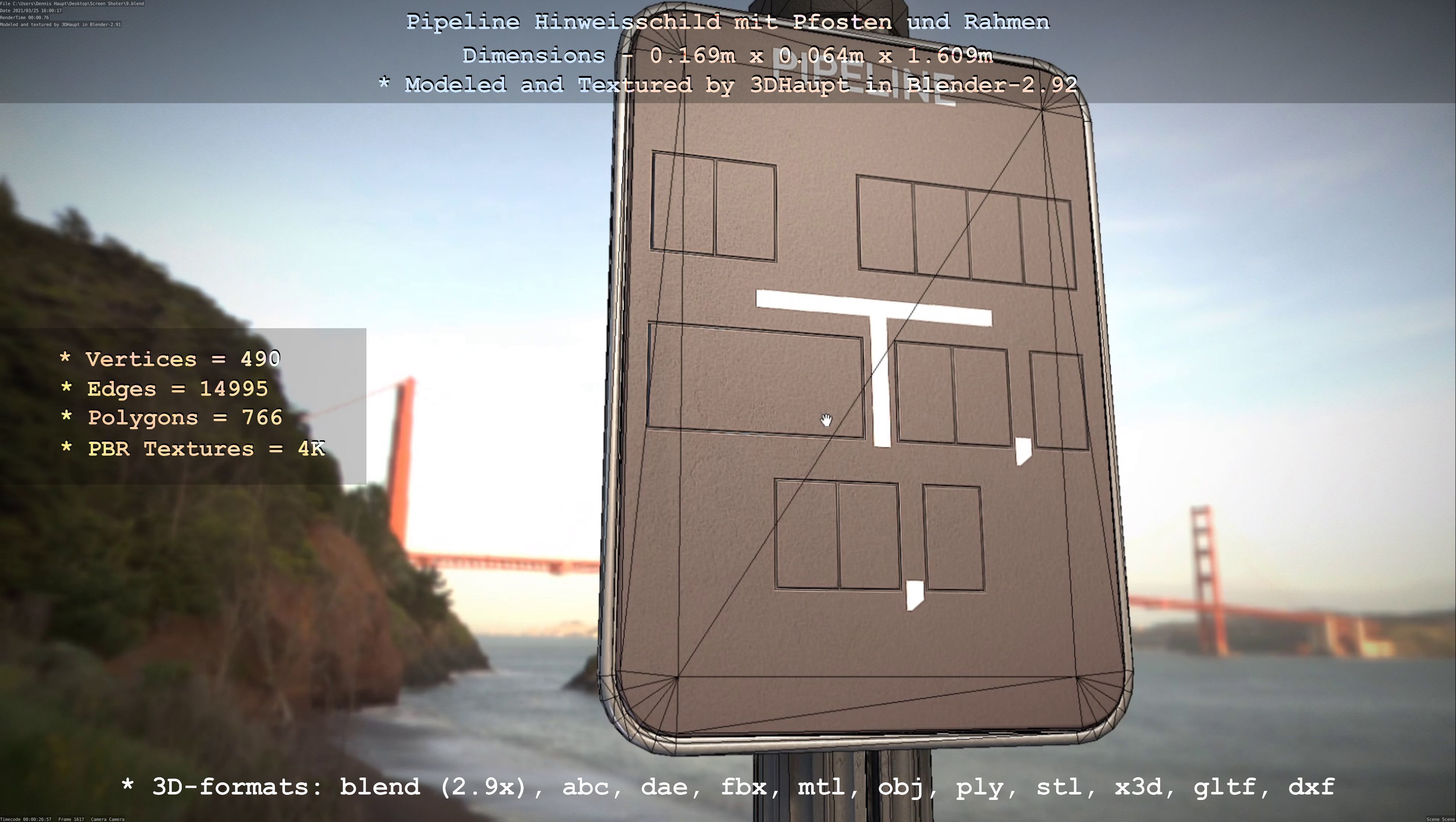 Hinweisschild Pipeline mit Pfosten und Rahmen Low-poly 3D model_13