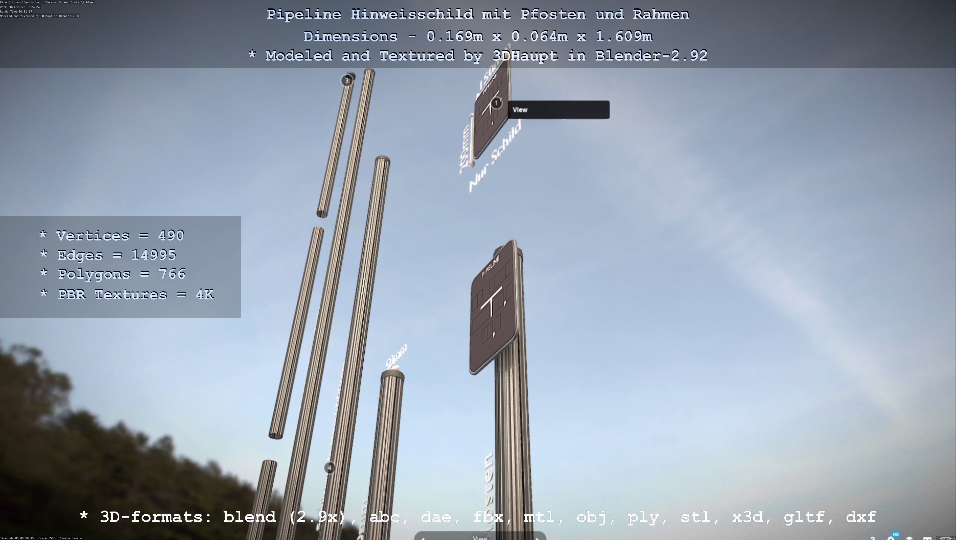 Hinweisschild Pipeline mit Pfosten und Rahmen Low-poly 3D model_96