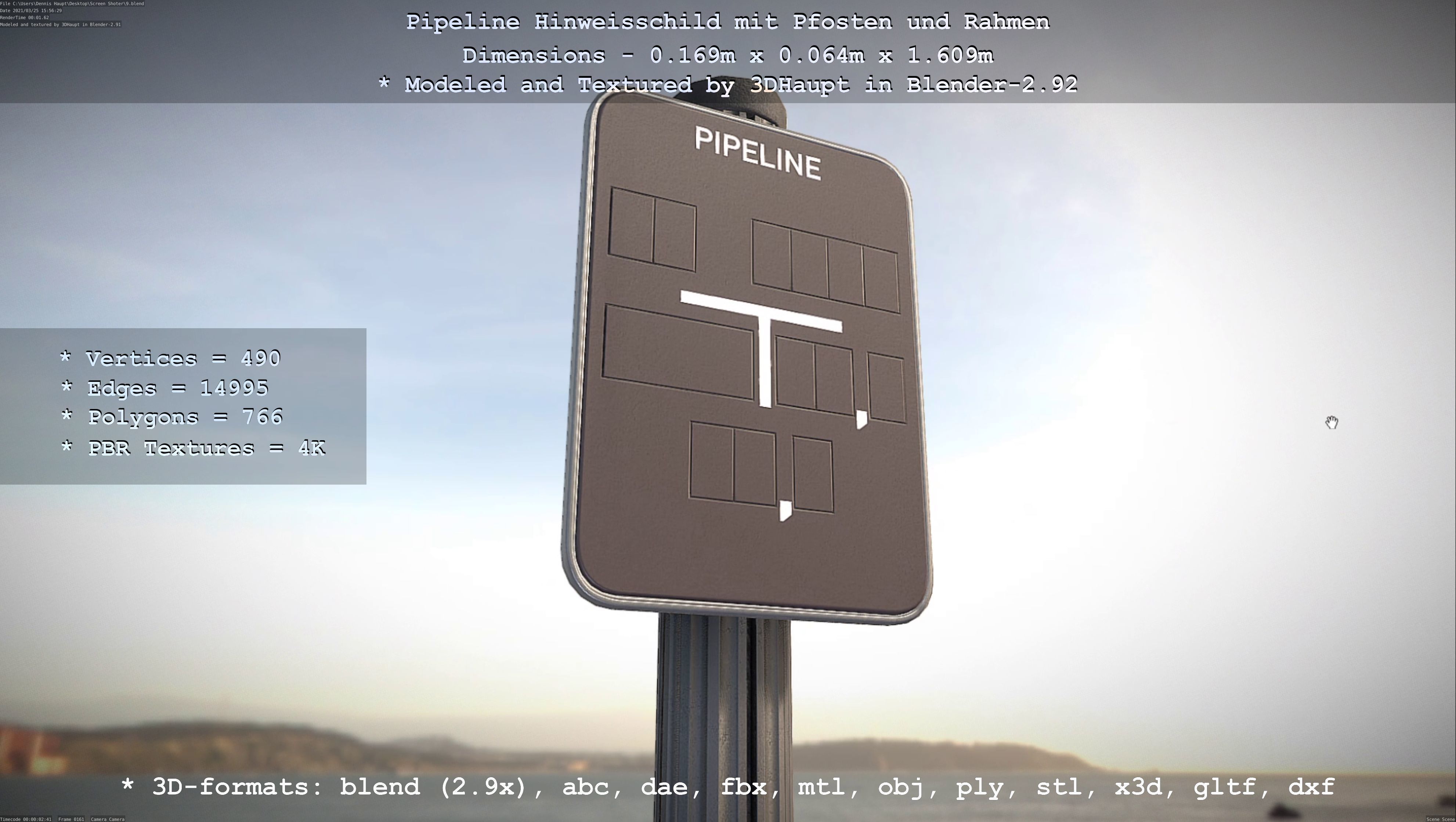 Hinweisschild Pipeline mit Pfosten und Rahmen Low-poly 3D model_70