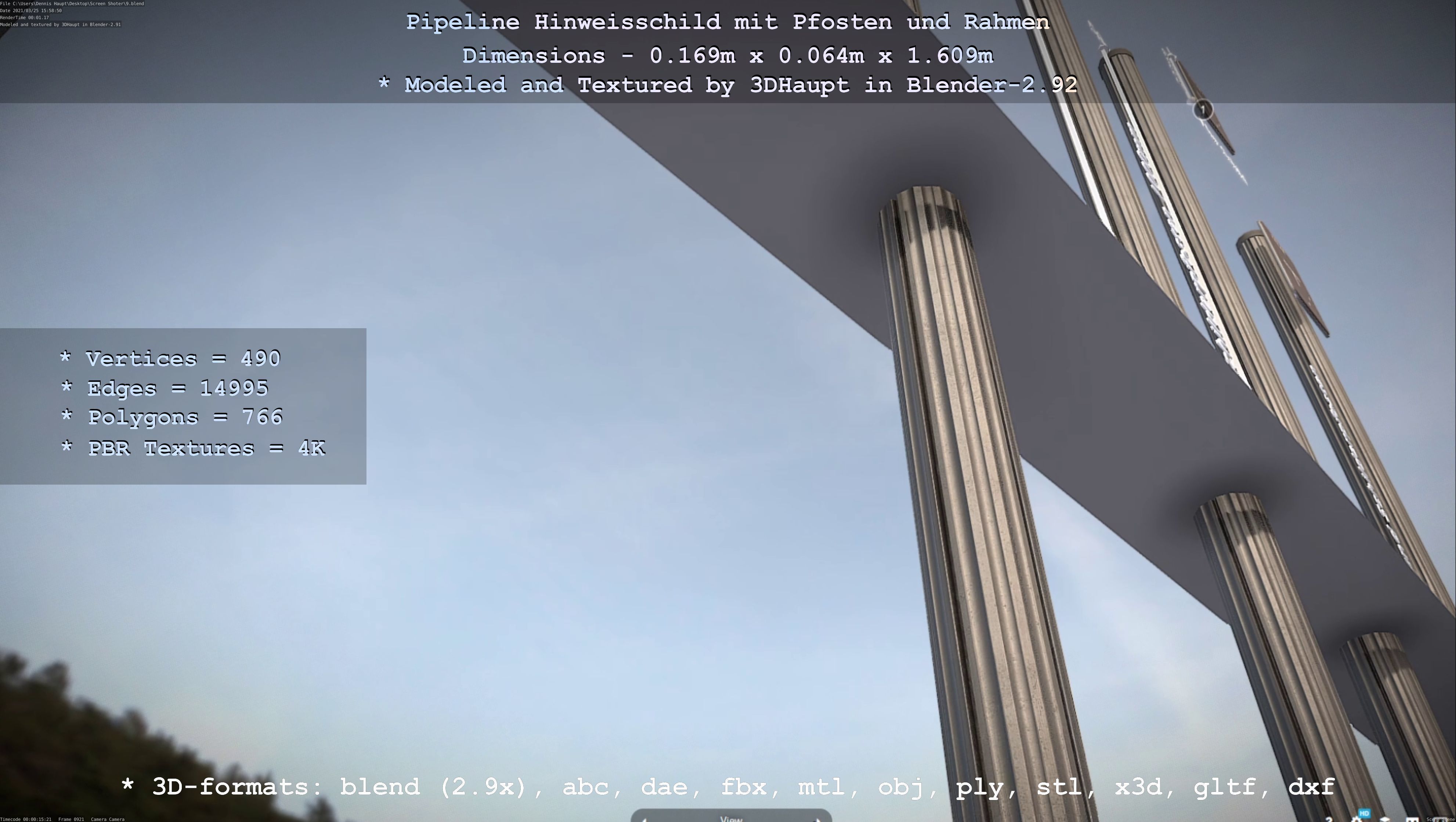 Hinweisschild Pipeline mit Pfosten und Rahmen Low-poly 3D model_120