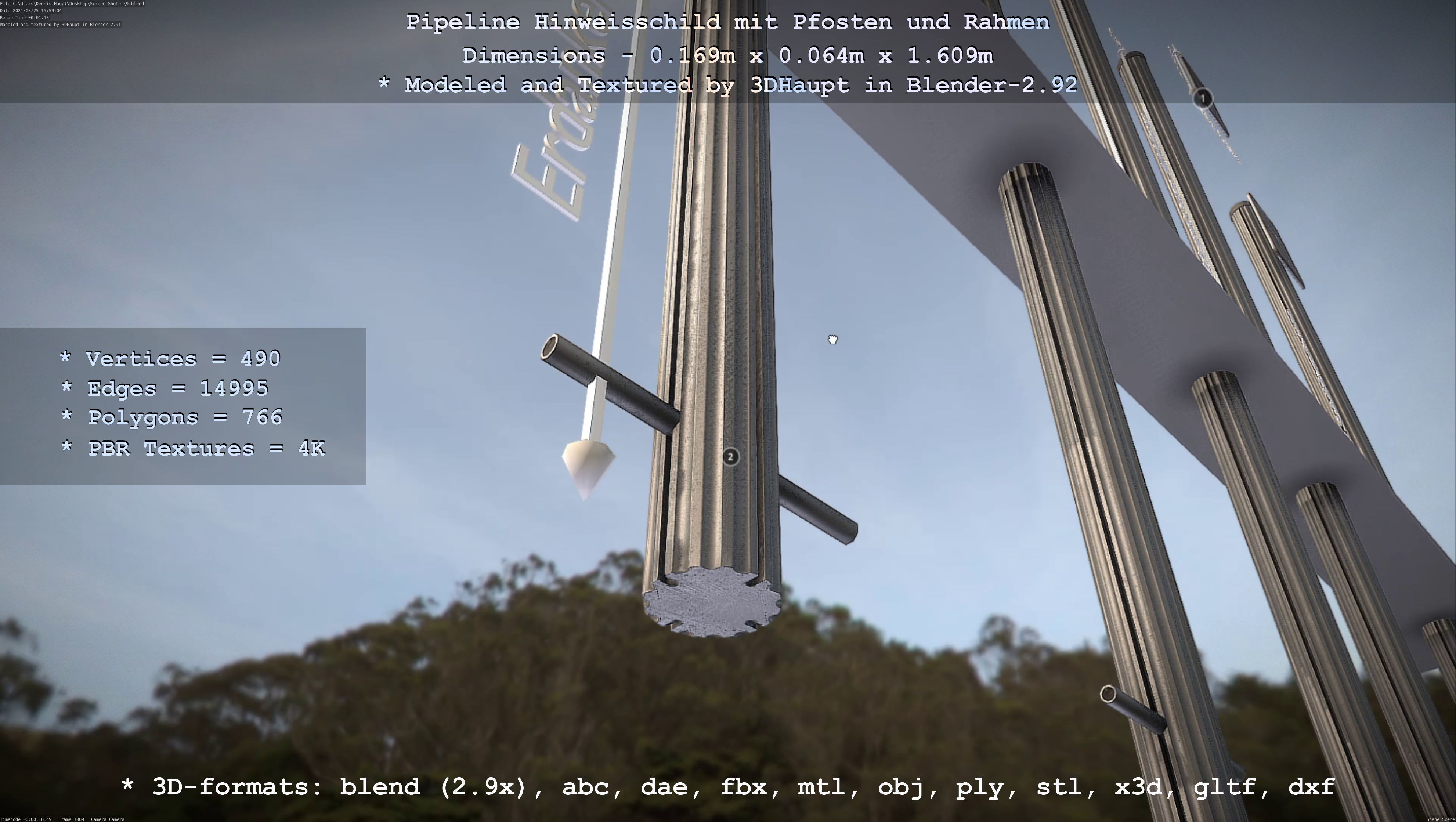 Hinweisschild Pipeline mit Pfosten und Rahmen Low-poly 3D model_126