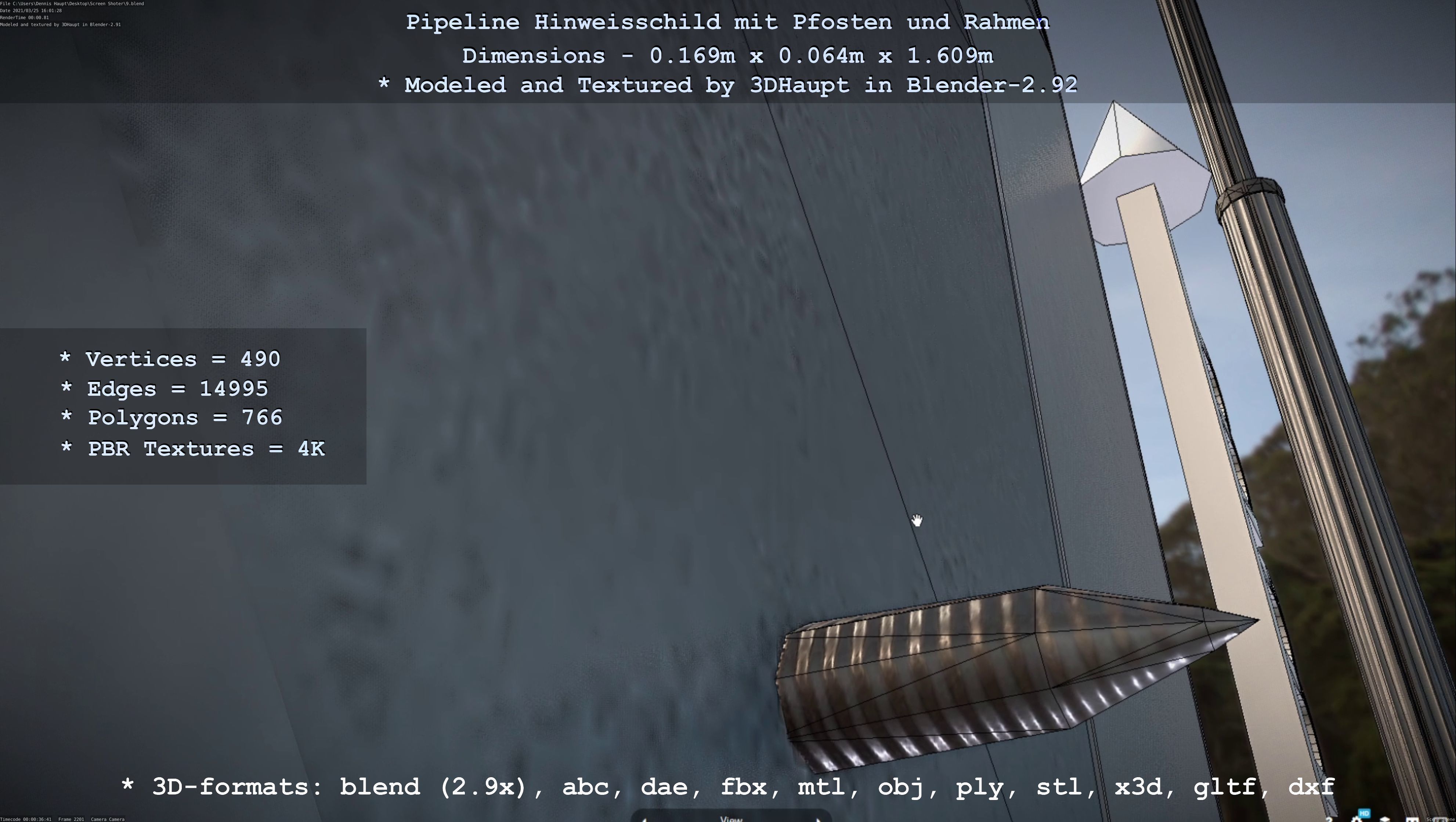 Hinweisschild Pipeline mit Pfosten und Rahmen Low-poly 3D model_9