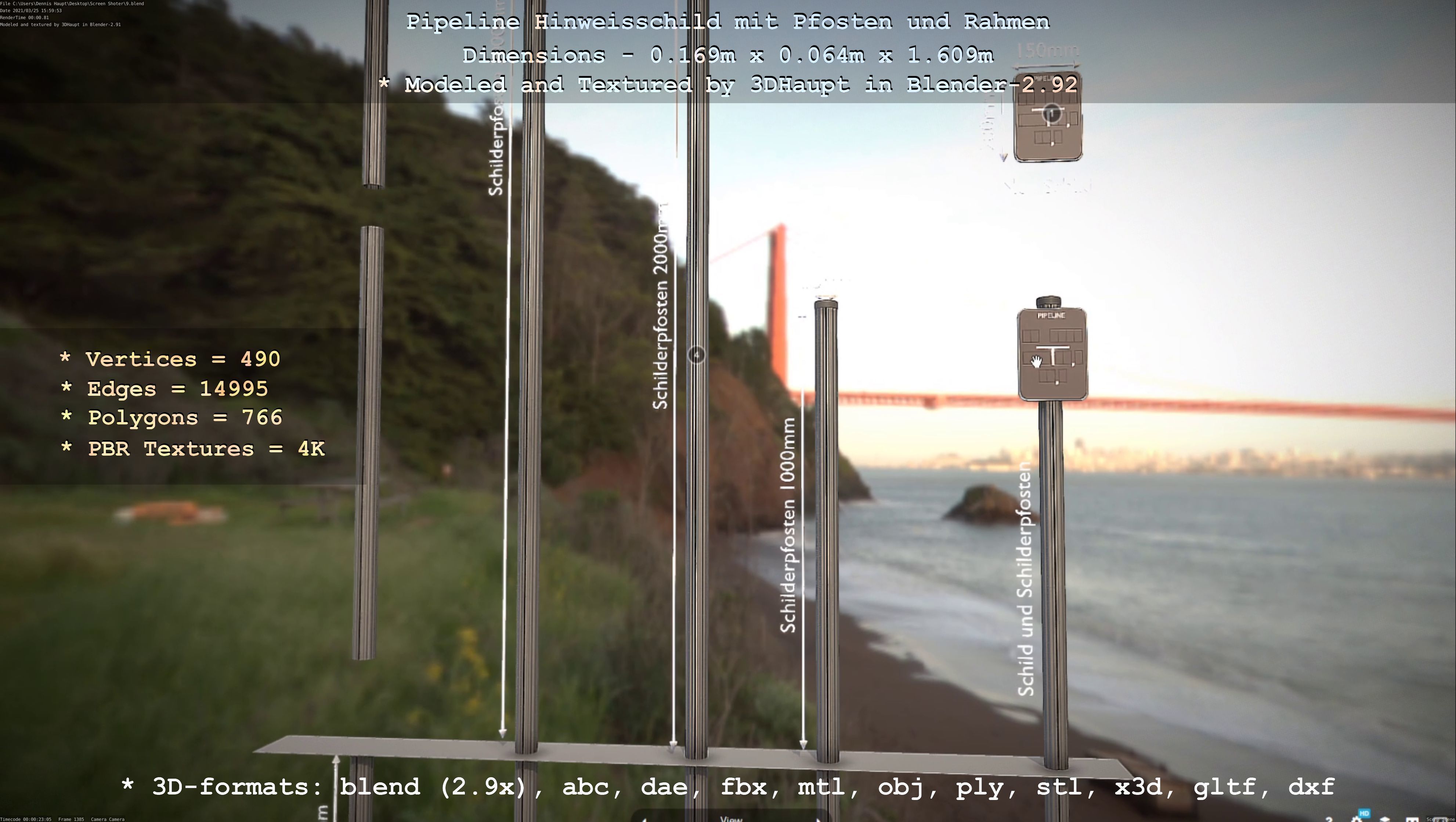 Hinweisschild Pipeline mit Pfosten und Rahmen Low-poly 3D model_124