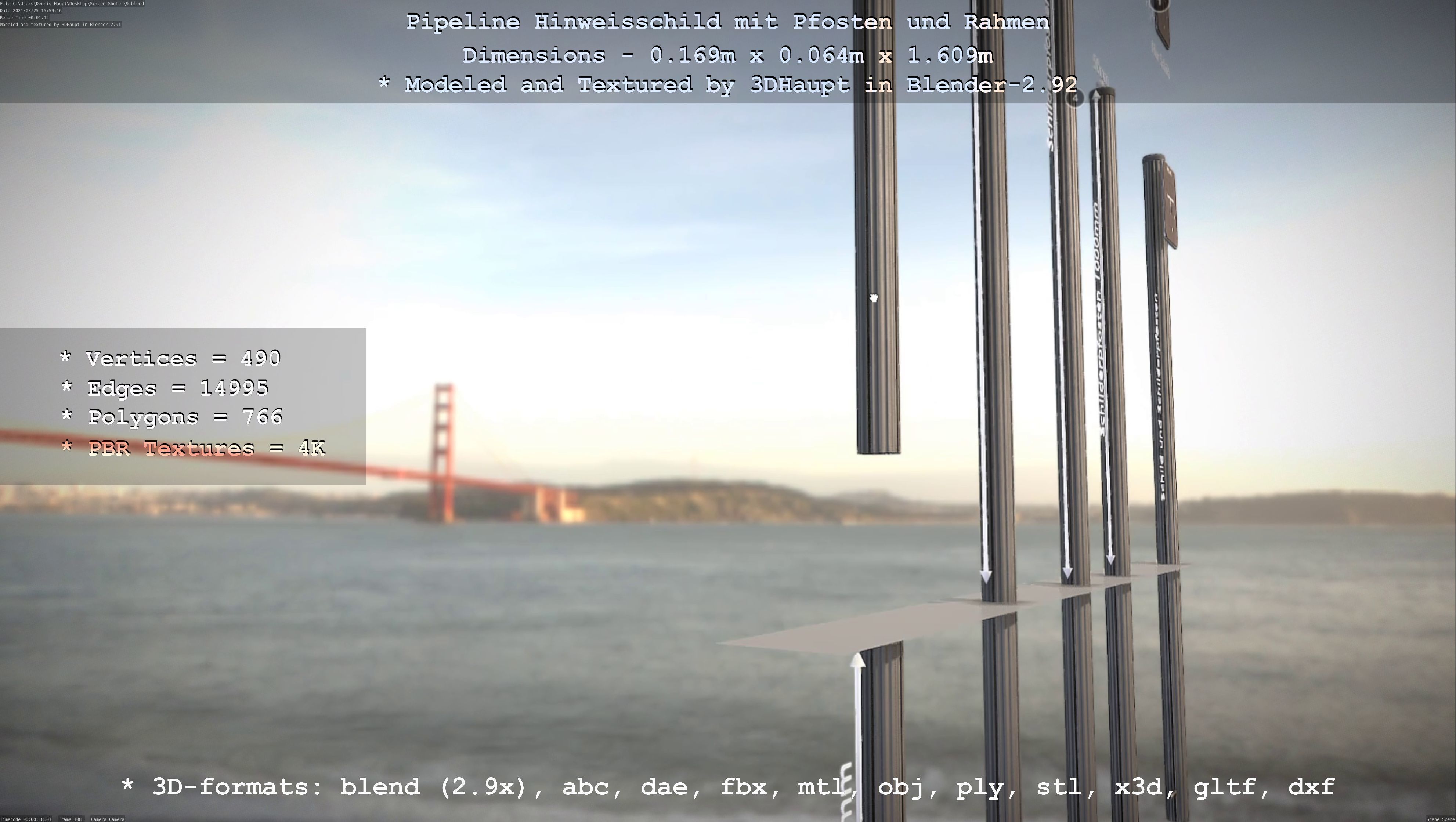 Hinweisschild Pipeline mit Pfosten und Rahmen Low-poly 3D model_133
