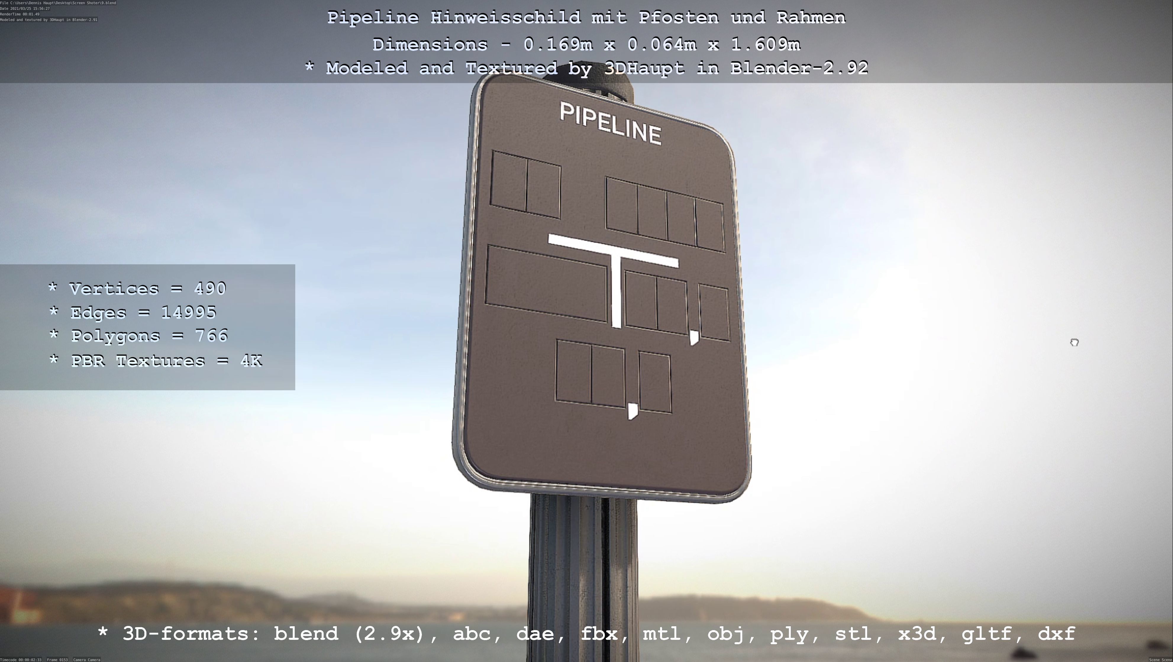 Hinweisschild Pipeline mit Pfosten und Rahmen Low-poly 3D model_21