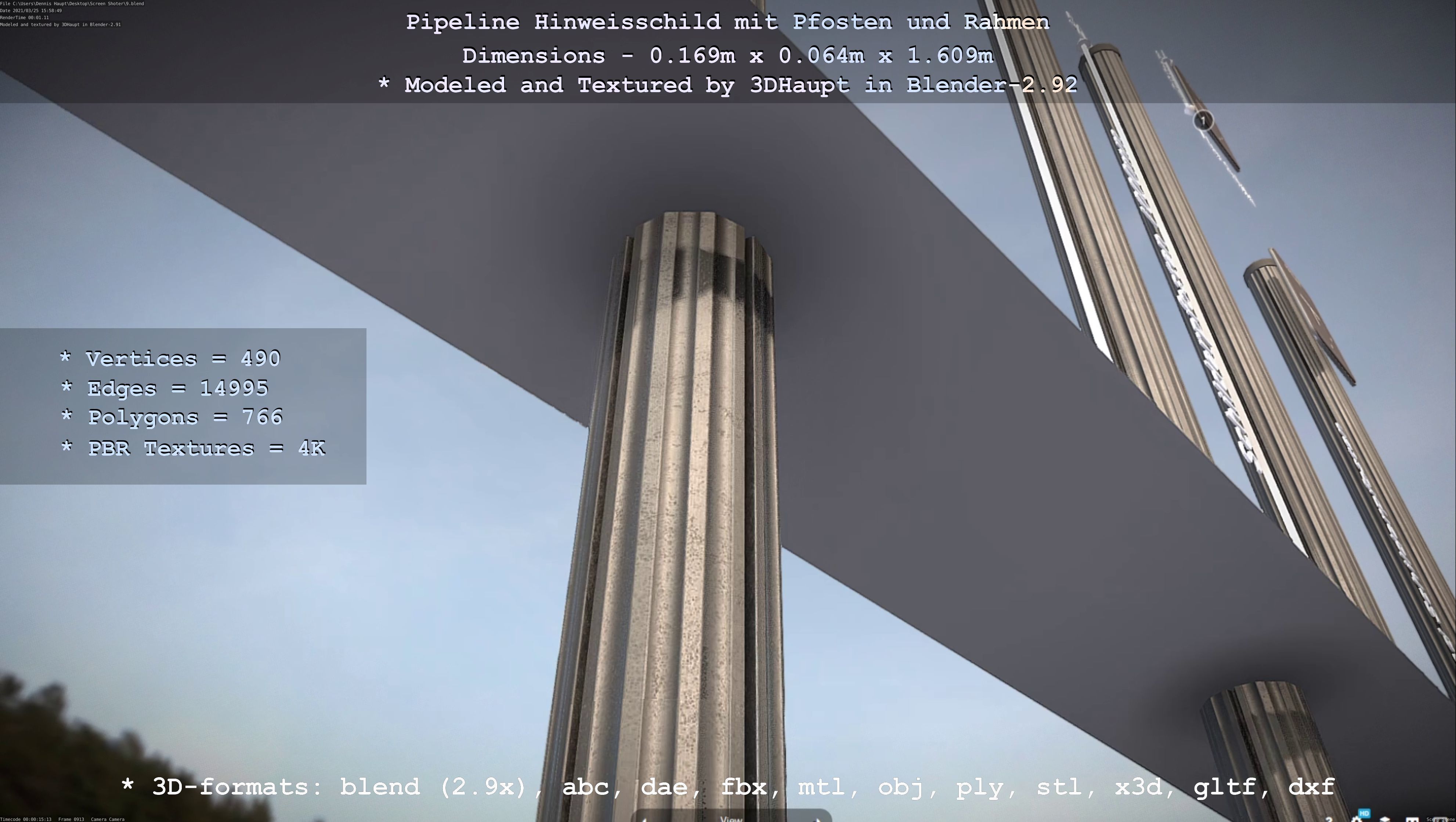 Hinweisschild Pipeline mit Pfosten und Rahmen Low-poly 3D model_119