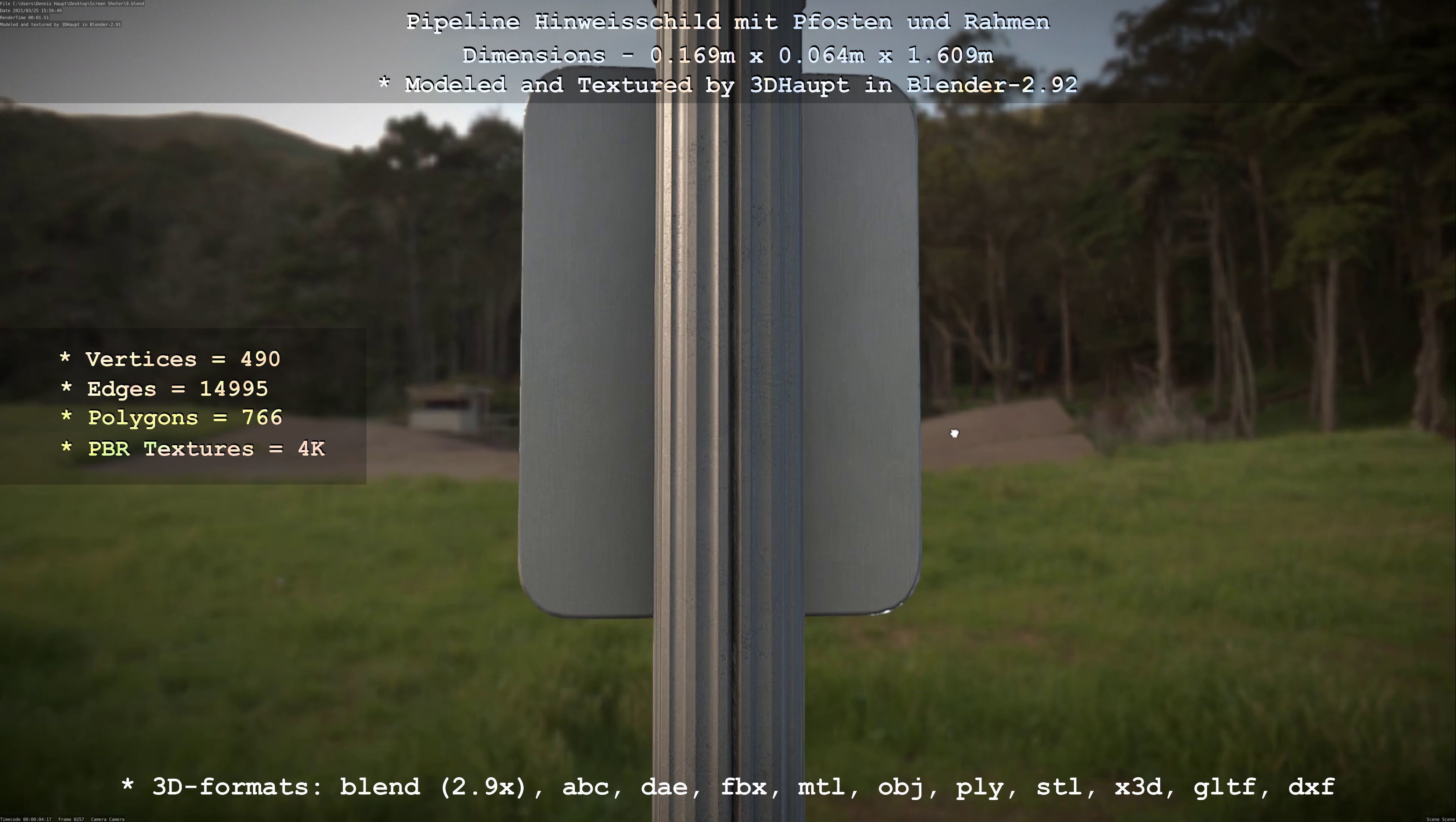 Hinweisschild Pipeline mit Pfosten und Rahmen Low-poly 3D model_25